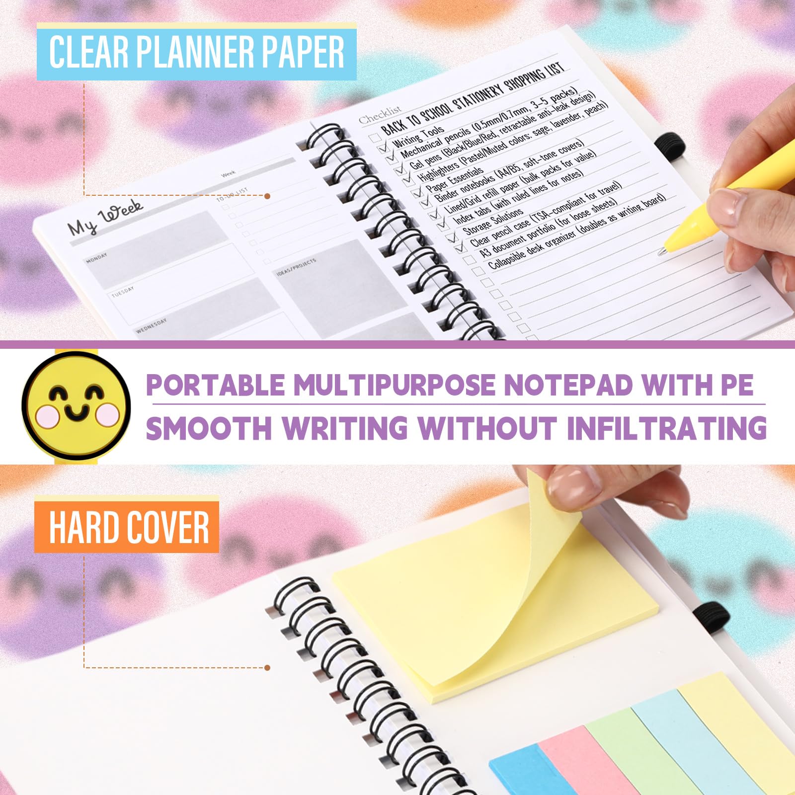 Sayglossy 72 quaderni con supporto emotivo sorridente con note adesive, penne a sfera Happy Face, regalo per il primo giorno di scuola, per studenti, insegnanti, colleghi (agenda settimanale)
