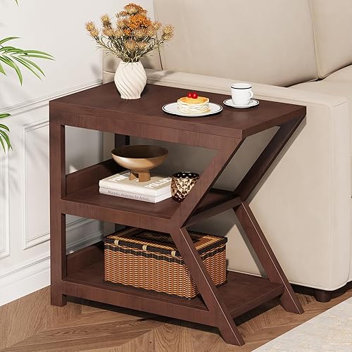 Miniatura 3 de Mesa auxiliar de madera maciza, mesa auxiliar delgada de 3 niveles con almacenamiento abierto, moderna mesa auxiliar de sofá de granja, mesita de