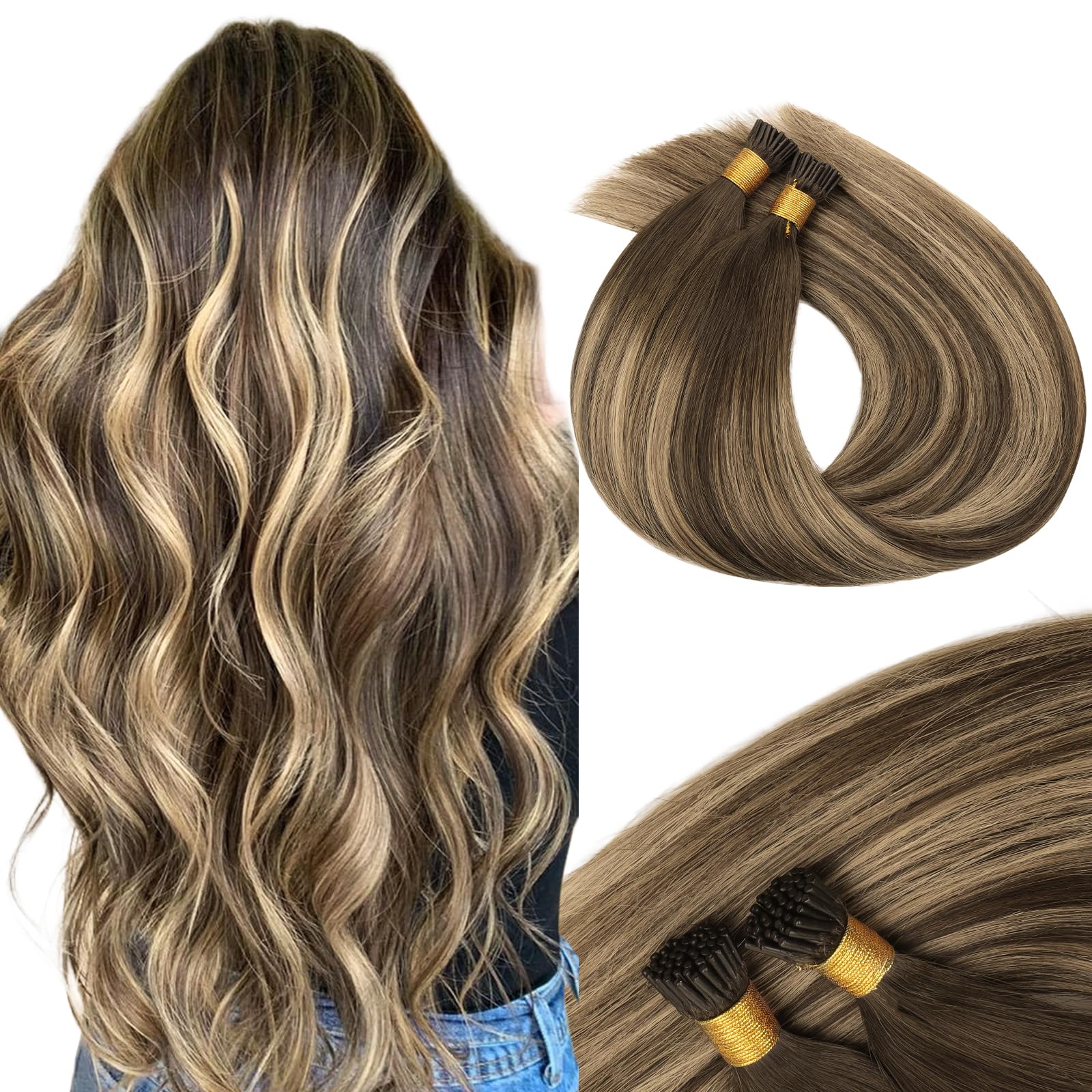 MAXITA I Tip Hair Extensions, 50g/50s, Chocolate Brown to Caramel Blonde 18 Inch Comfortable Wear, Invisible & Natural Cold Fusion, 100% Remy Human