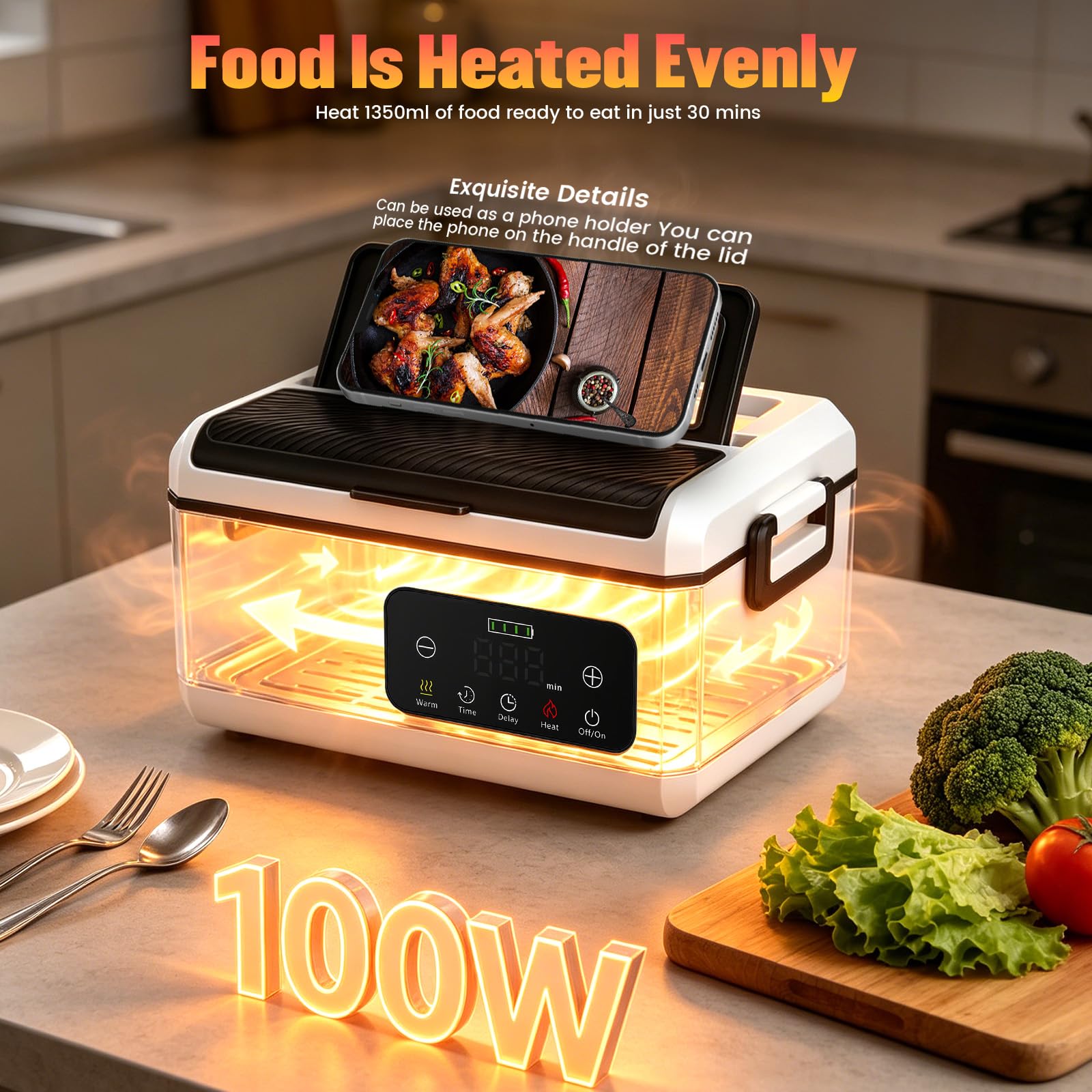 Fiambrera eléctrica inalámbrica con Cubiertos y Bolsa, Recargable por USB, 100W Fiambrera a Prueba de Fugas con batería de 20000 mAh, 1,3 L, Cuenco Calefactor para Viajes, Oficina, Picnic