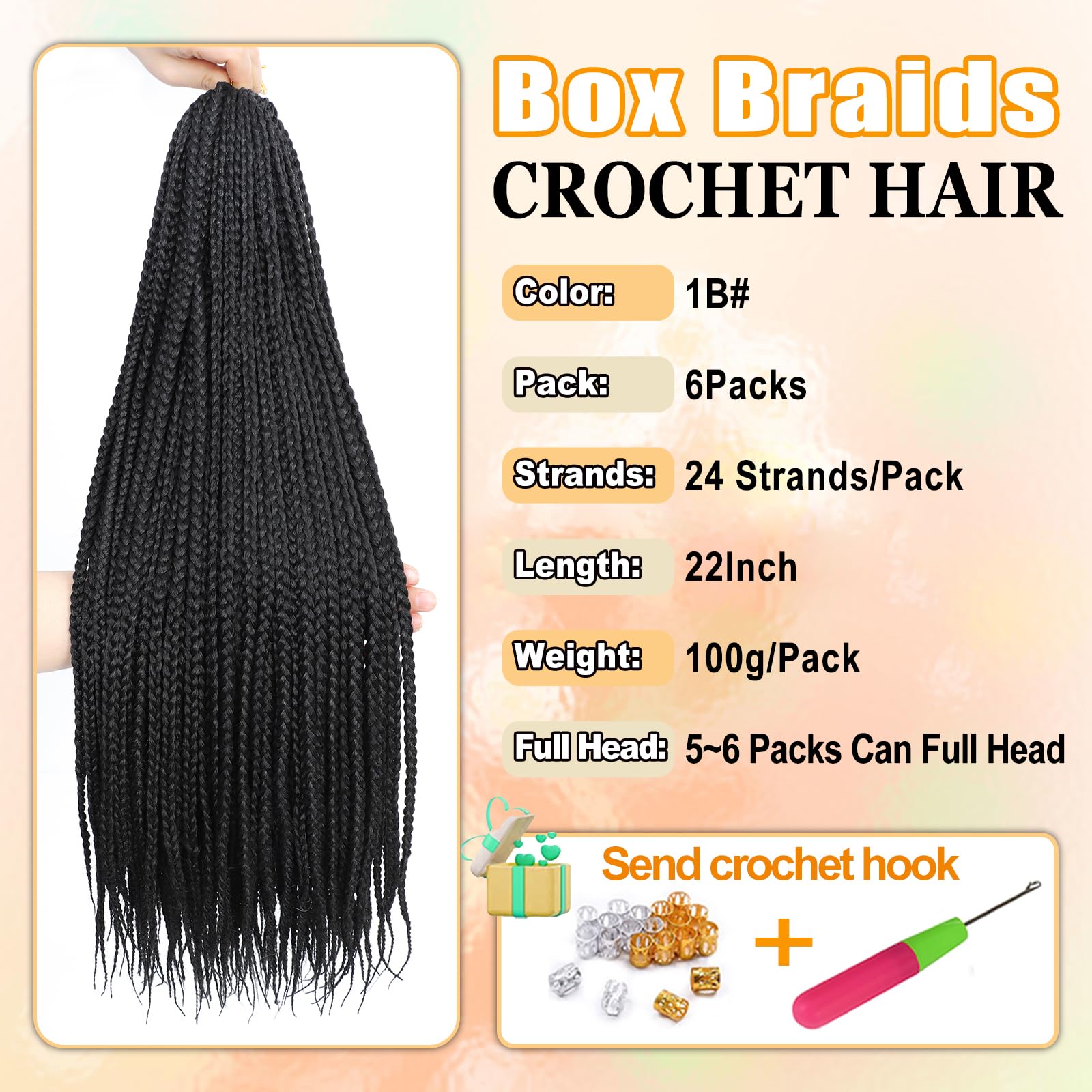 AMLUCKS Box Braids Crochet Hair 6 Packs Pre Looped Knotless Medium 3X Braids Goddess Box Braids Crochet Hair Extensions for Black Women Braiding Hair (1B# - Image 2