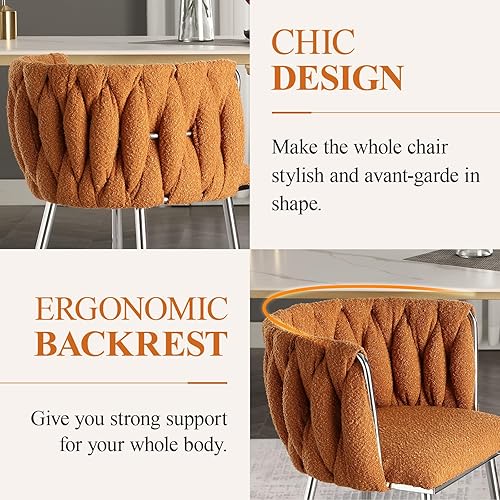 Miniatura 4 de Sudwesto Juego de 2 sillas de comedor modernas tejidas a mano, sillas de tocador tapizadas Boucle con patas plateadas, sillas laterales con