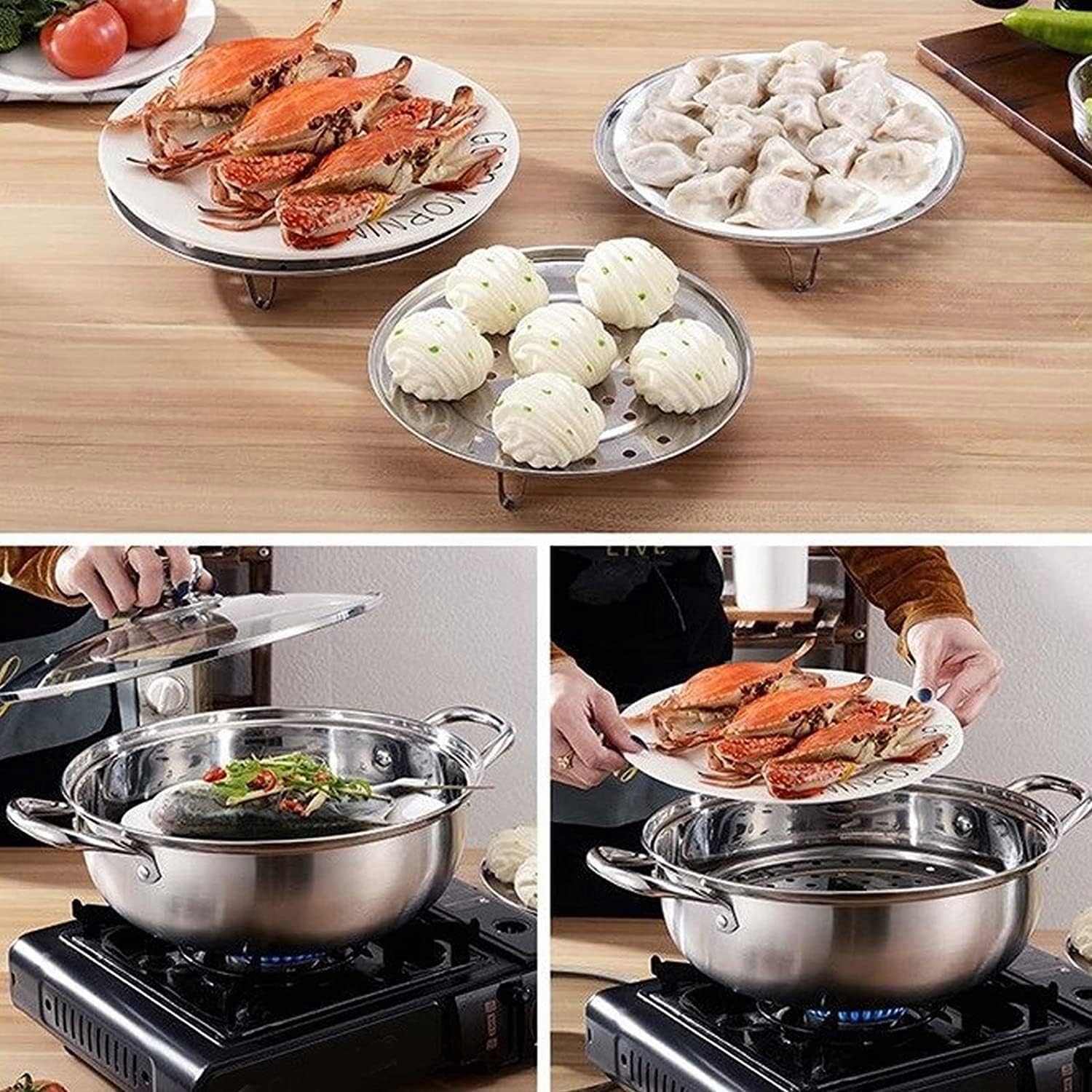 Valajogi 2 Psc Stainless Steel Food & Vegetable Steamer | Round Expandable Steam Plate | Detachable V-Stand | Pressure Cooker & Kadai Compatible Small 20cm- Large 22cm (Combo) 2