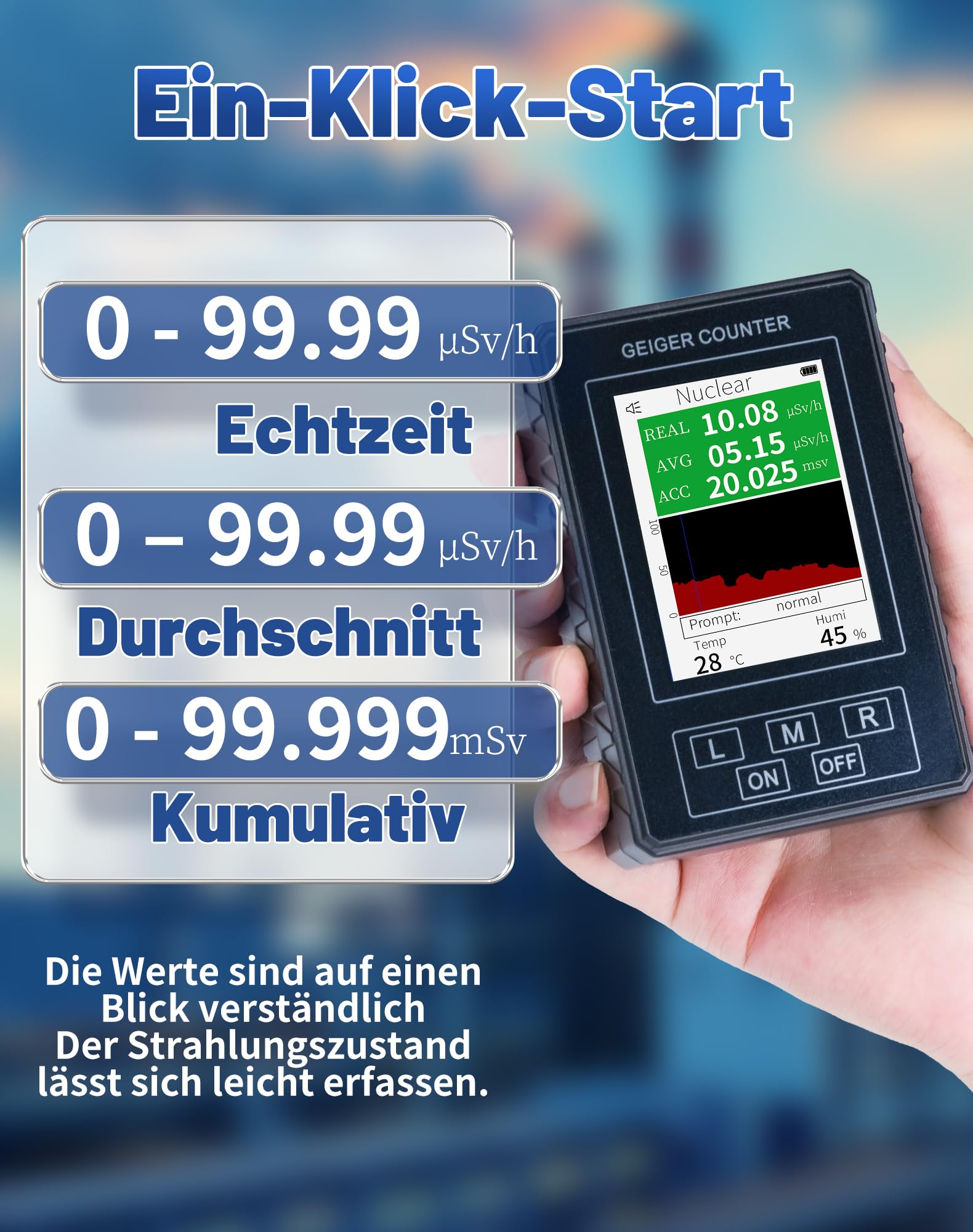 Geigerzähler Radioaktivität, Hochpräzises Strahlungsmessgerät & Dosimeter für Beta Gamma Röntgen, inkl Temperatur & Luftfeuchtigkeitsmessung, Tragbarer Nuklearstrahlungsdetektor für Zuhause & Outdoor