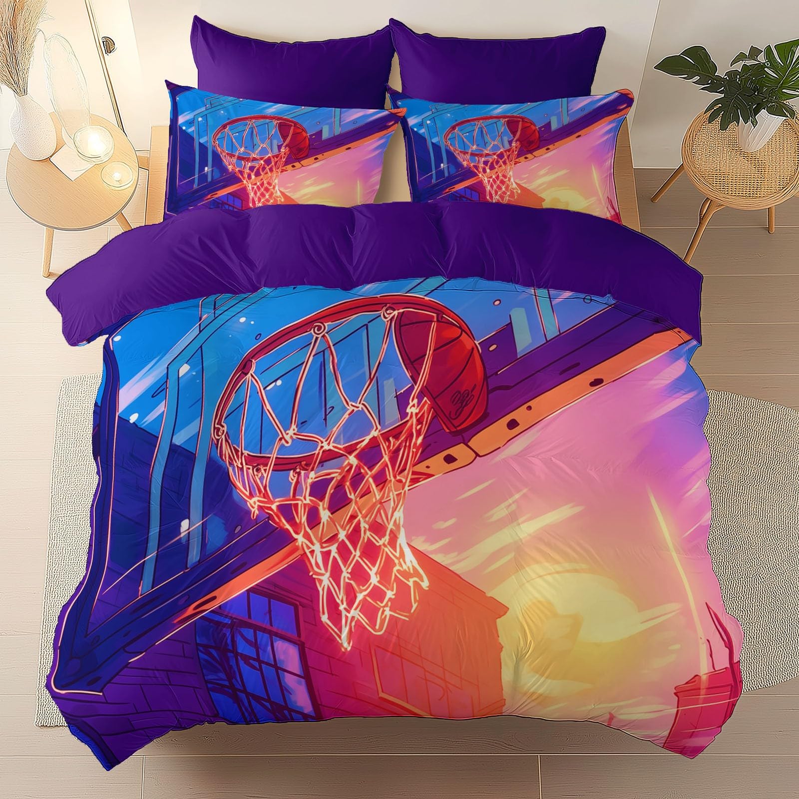 Parure de lit 240x260 cm Basket-Ball Ciel avec housse de couette et taies violettes