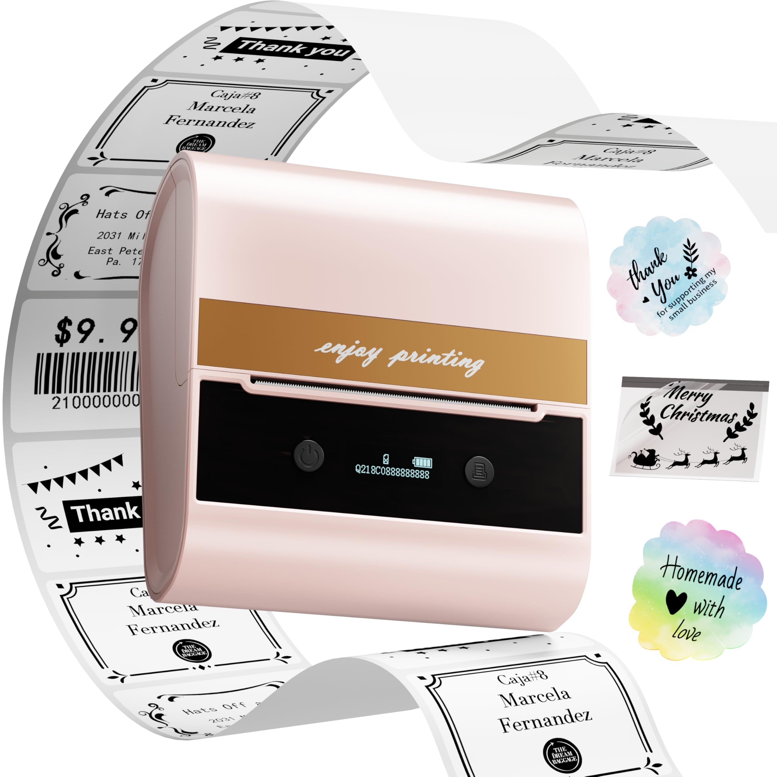 Memoking Label Maker Machine, 3 Inch Bluetooth Thermal Label Printer Support Smartphone and PC, with 1 Roll Waterproof Labels for Retail, Office, Home-Pink