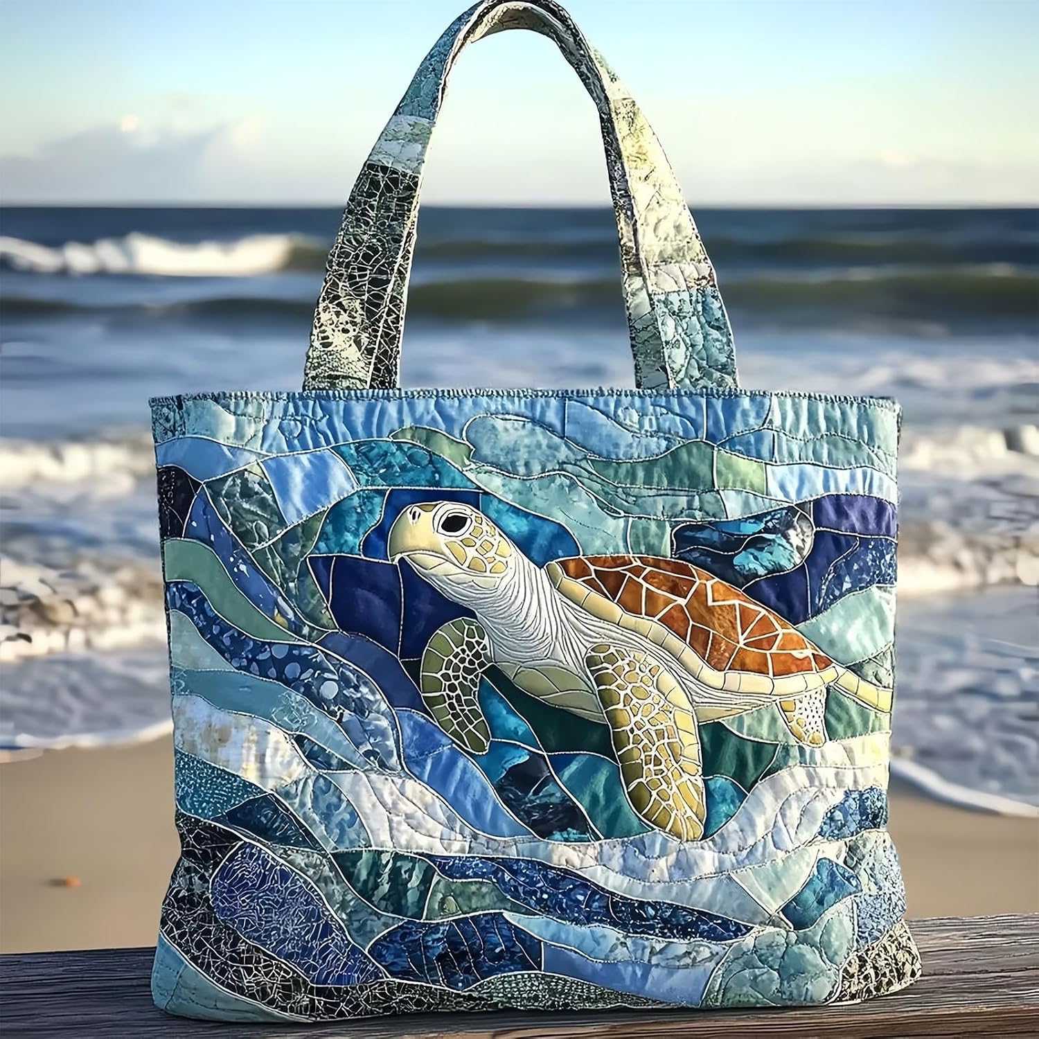 Personalized Sea Turtle Quilted Tote Bag for Women, Large Beach Handbag, Unique Gift for Book Lovers, Coworker & Friends(E.) image 2