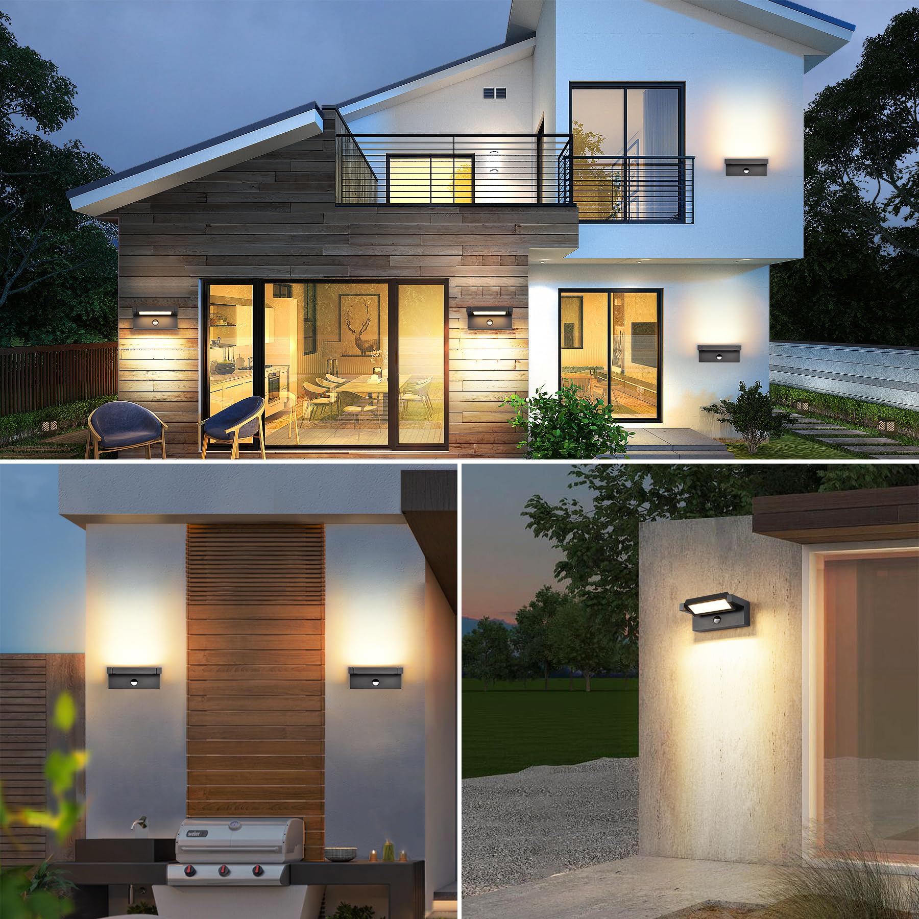 KUKAK LED aplique pared de 22W con sensor de movimiento,luz terraza exterior IP65 impermeable,aplique de 3000K en blanco cálido para exterior/interior con panel orientable de 350° para jardín,Negro