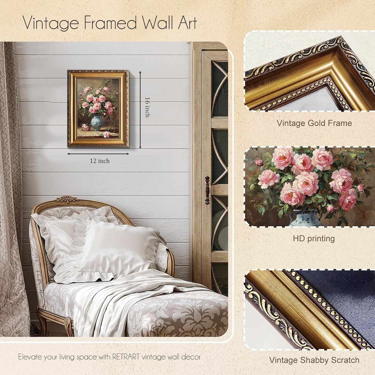 Gold Framed Wall art, Moody's Pink Peonies with Retro Gold Frame, Vintage Floral Wall Art Farmhouse Decor for Bedroom, Living Room, Bathroom, 12x16" Framed Canvas Print