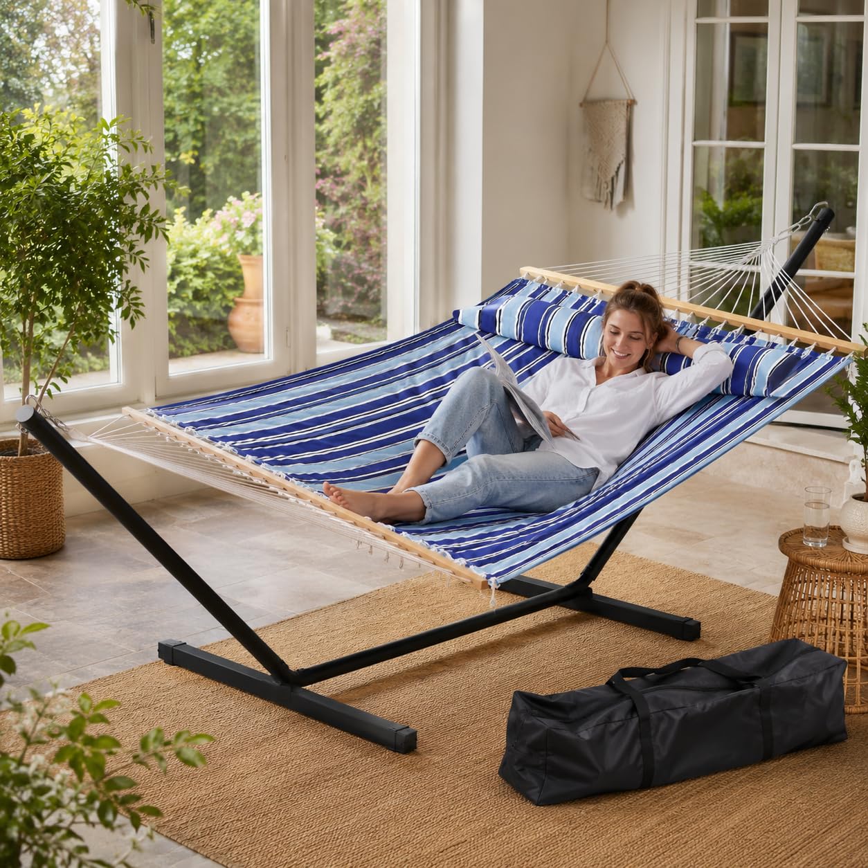 Doppelhängematte mit Gestell für 2 Personen, 290× 150 cm (L× B) | Inkl. Tragetasche | Stahlgestell Bis 215 kg | Robuster Stahlrahmen | Für Terrasse, Balkon, Veranda, Garten Und Schlafzimmer