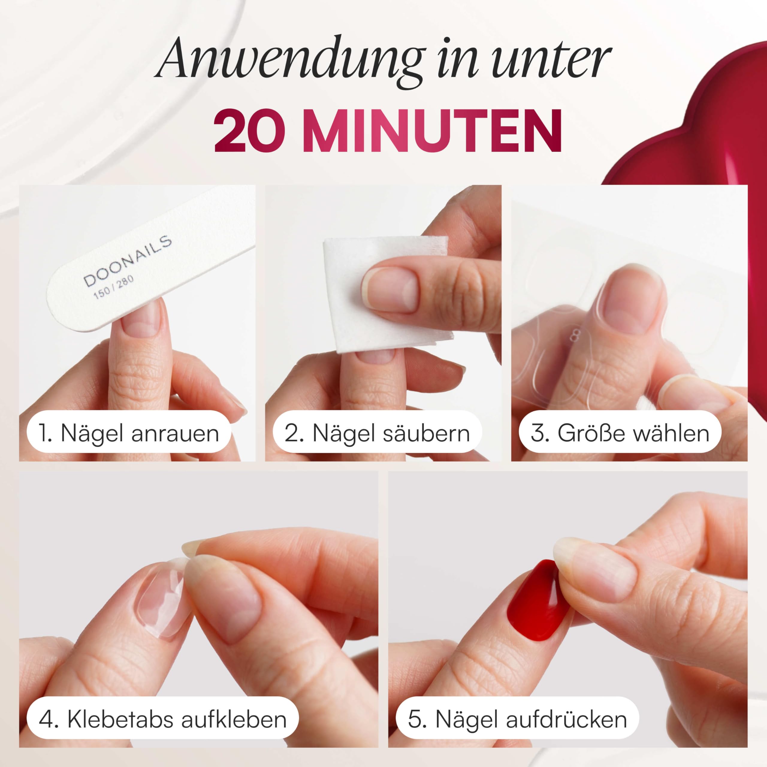 DOONAILS® Soft Gel Press On Nails 30er Set Love Paris – Almond Short Dunkelrot – Nägel zum Aufkleben, Full Cover Fake Nails, Salonqualität