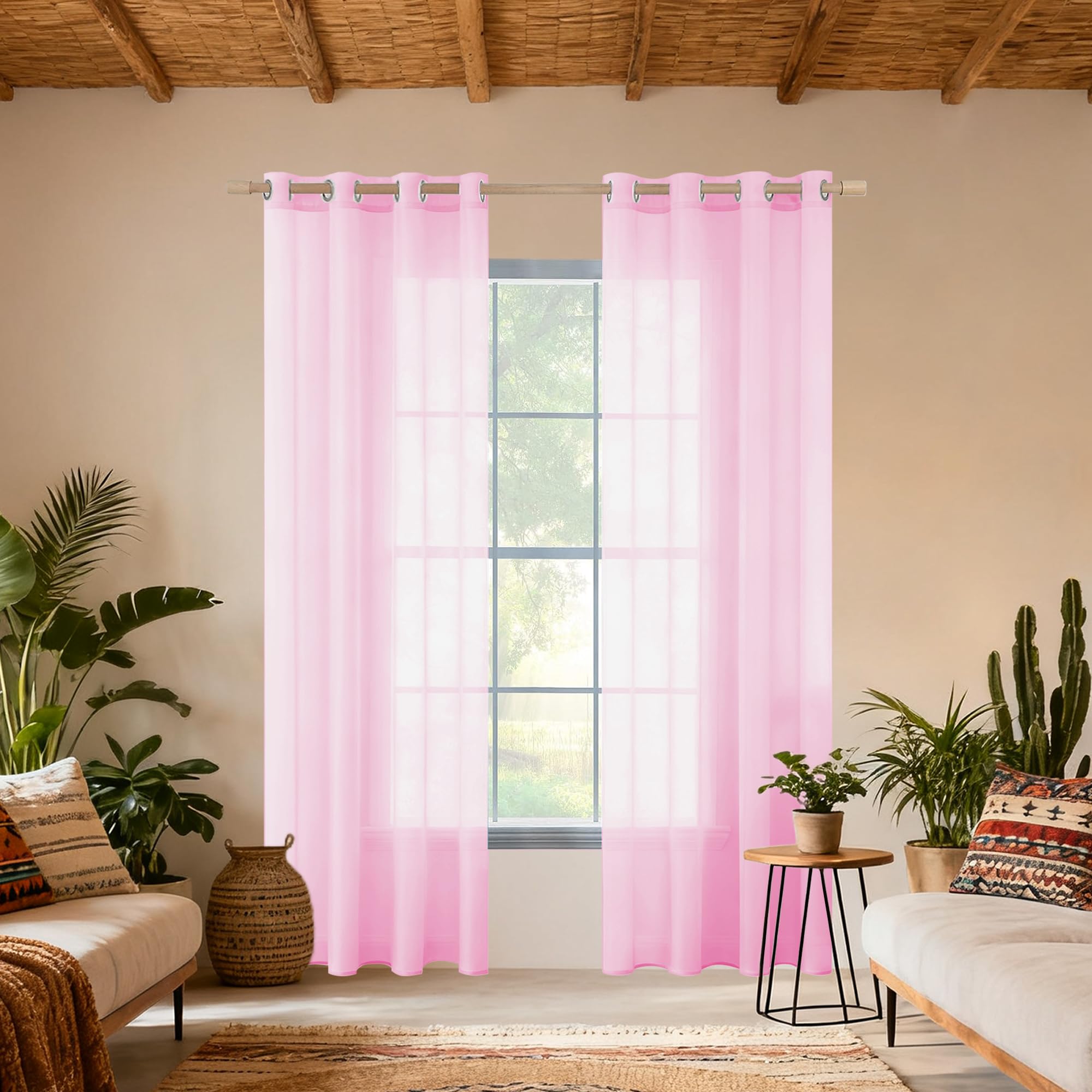 Voilages Rose 490x285 cm JIAFANG Grand Rideau Voile à Oeillets