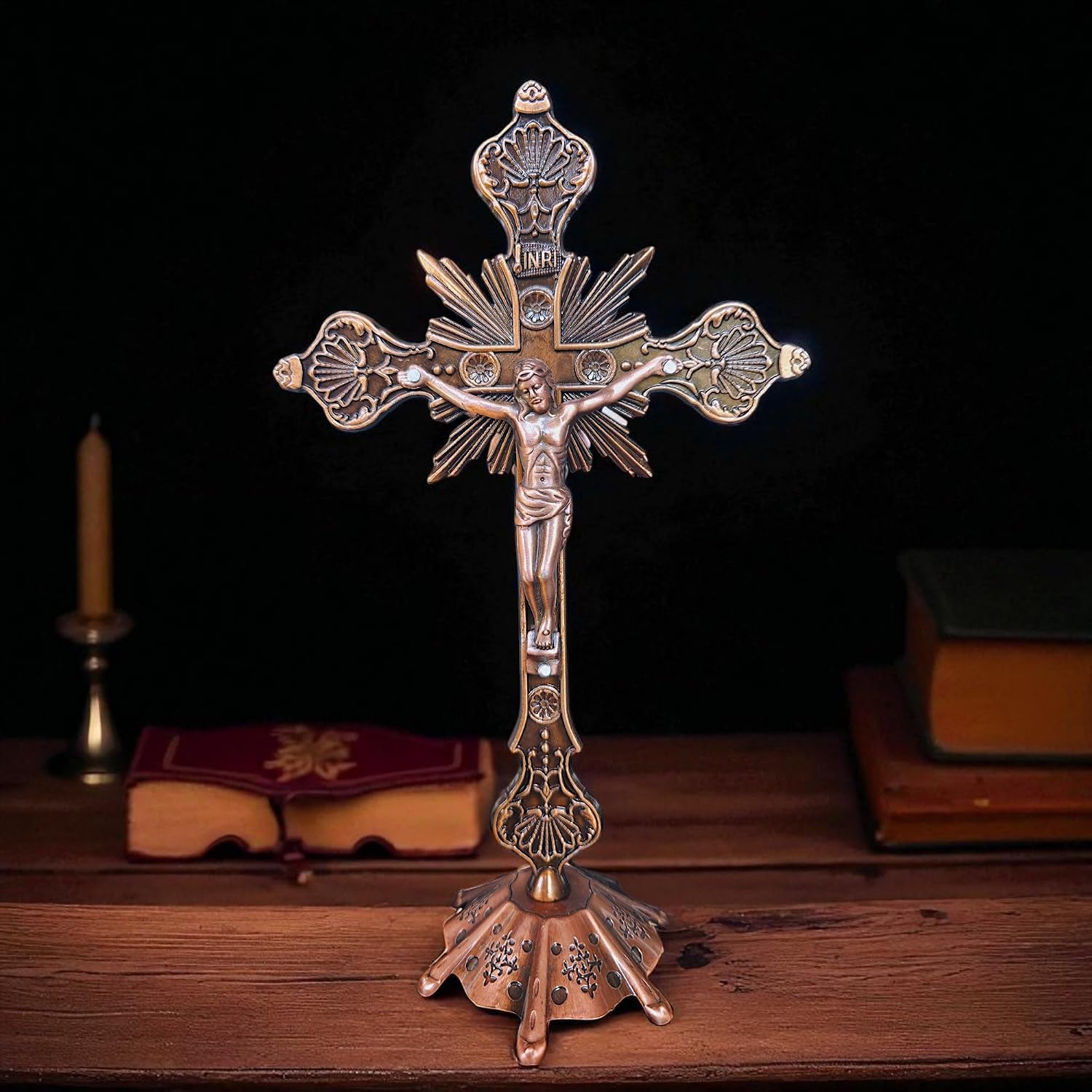 10" Bronze Catholic Metal Stand Crucifix – Ornate Victorian Style Jesus Cross with Base, Antique Copper & Religious Home Décor, Altar, Gift