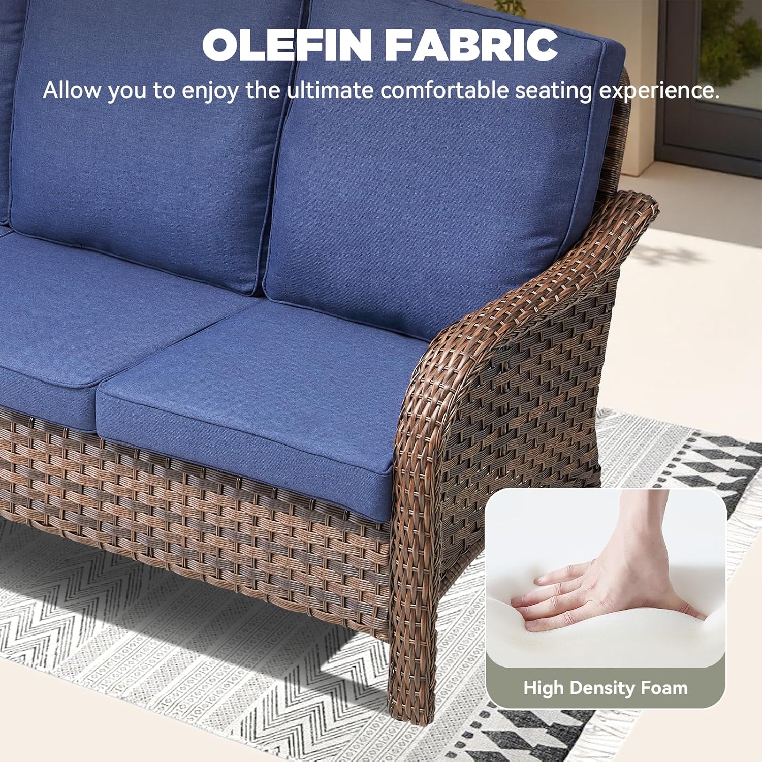 2 PCS Patio Furniture Set, Outdoor Wicker Loveseat Sofa with Coffee Table, 4-Inch Thick Olefin Cushions & Curved Armrests, 300 lbs Capacity Rattan Porch Furniture for Garden, Backyard, Blue