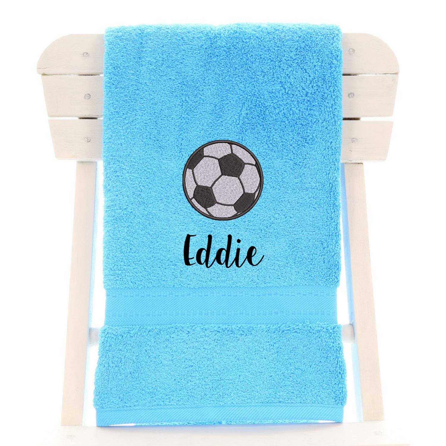 aztex Personalised Children's 100% Cotton Bath Towel with Football Logo & Name, 550gsm, 70cm x 130cm - Turquoise