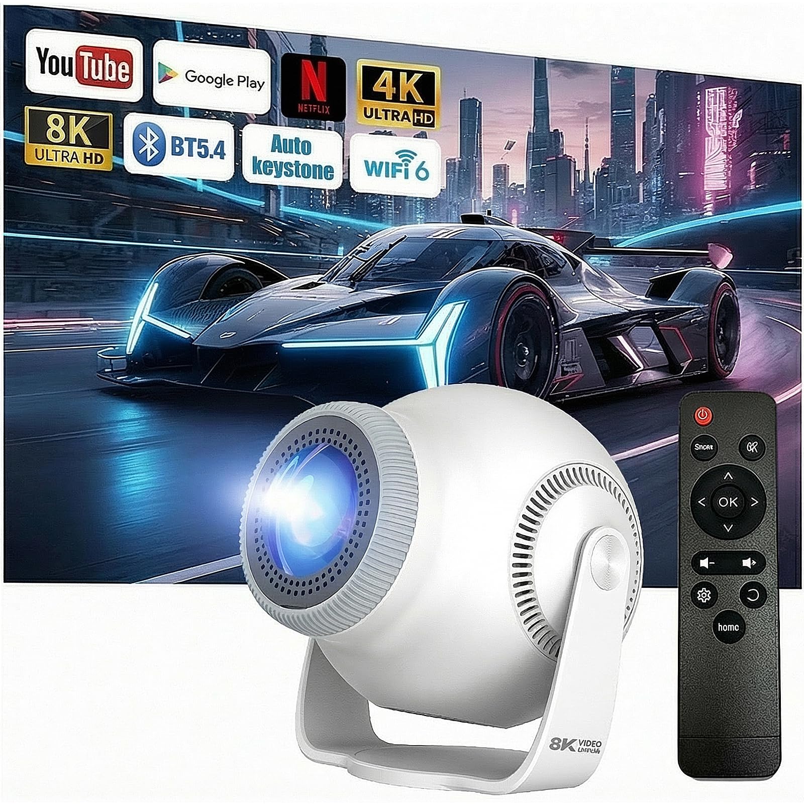 Mini Proyector con 4K & 8K 1080P, Proyector Portátil con Android 14 5G WiFi 6 y Bluetooth 5.4, Rotación de 270°, HDMI/USB/DC, 8 GB de Almacenamiento, Corrección Trapezoidal Horizontal Automática