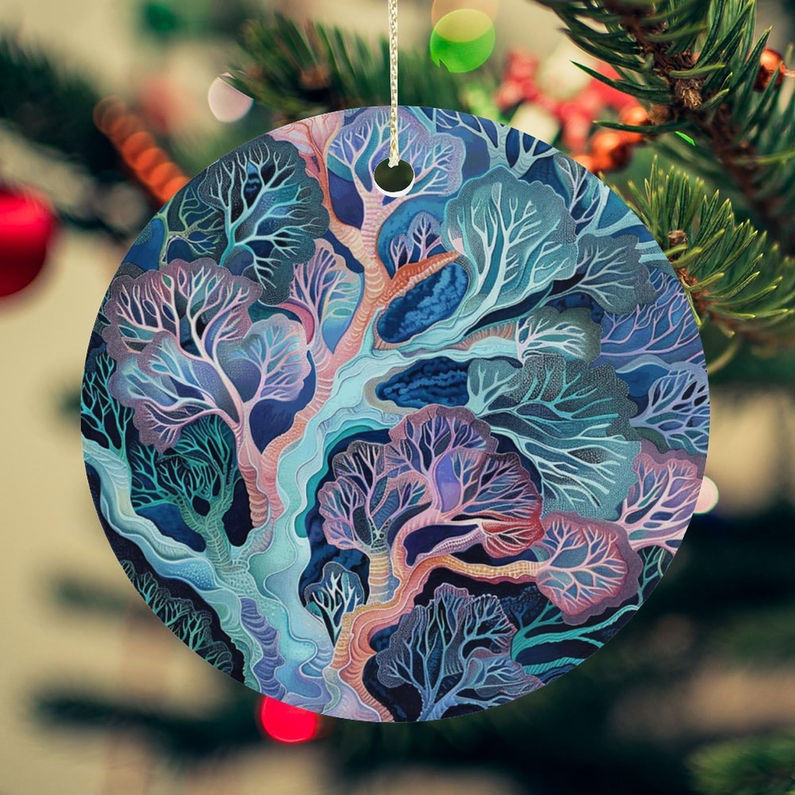 Fan Coral Image Christmas Ornament for Christmas Tree Ceramic Round Ornament Winter Holiday Keepsake Gift 2.7" Christmas Tree Hanging Decorations Circle Ceramic Pendant Xmas Gift