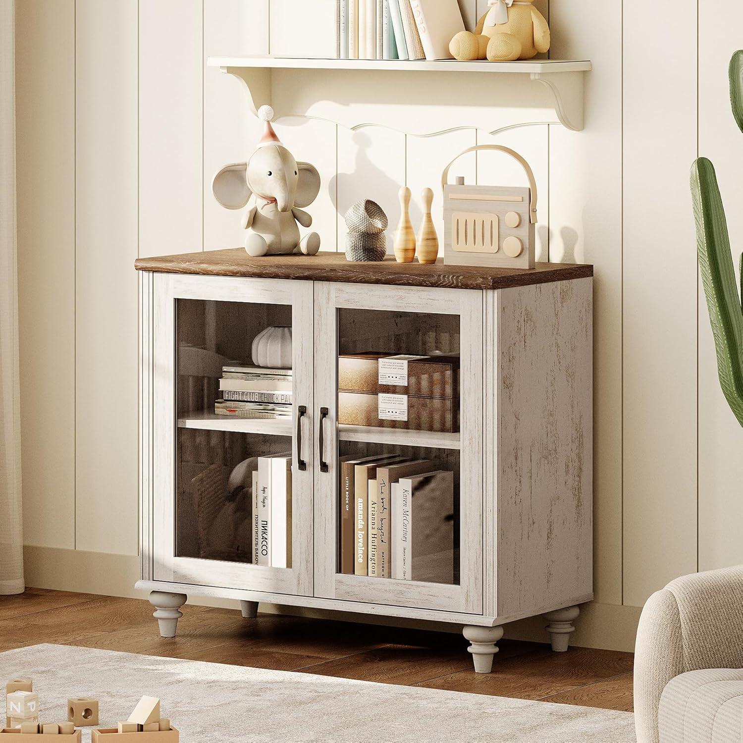 WAMPAT Farmhouse TV Stand for TVs Up to 43 inch, Glass Wood Universal TV Stand with a Large Storage Cabinets, Entertainment Center, TV Console Table for Living Room, Bedroom, Rustic White