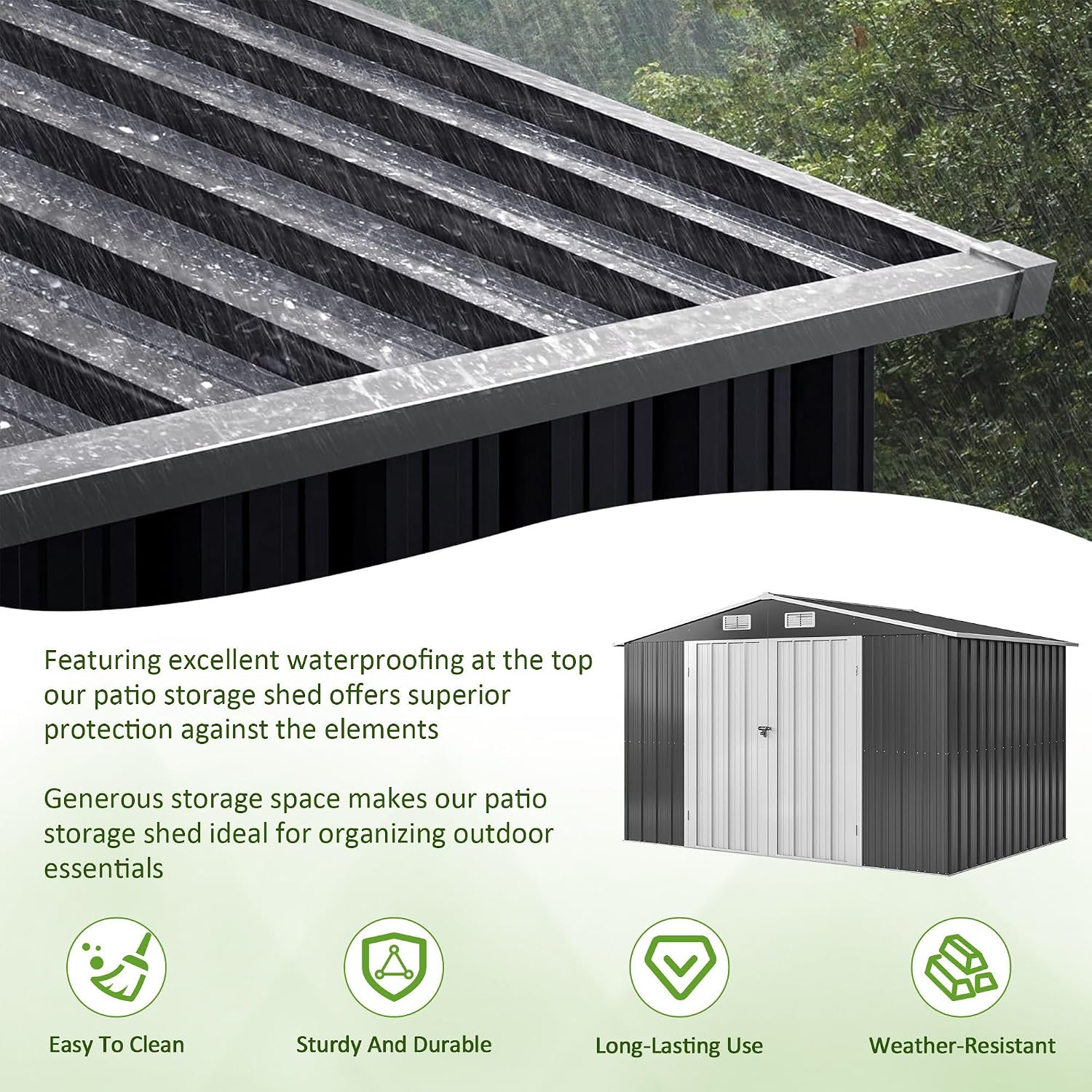 Close-up of the shed's roof showing excellent waterproofing and sloped design for water runoff.