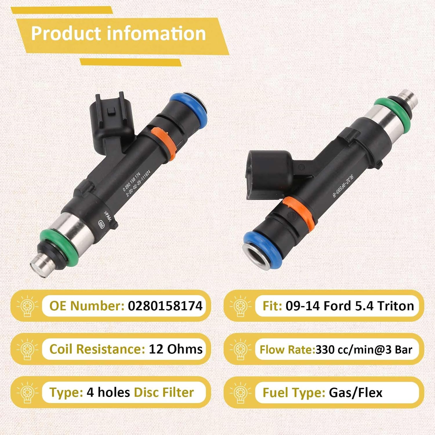 2009-2014 Triton 5.4L Fuel Injectors,Compatible with/Ford 5.4 F150 2009-2010, Expedition 2009-2014 |4 Holes| |Set of 8| |OE#0280158174|