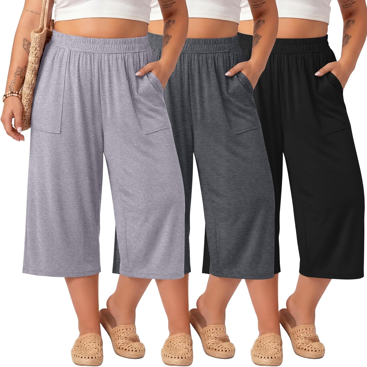 Neer 3 Pack Women Plus Size Capris Cotton Wide Leg Cropped Pants Casual Elastic Waist Loose Fit Lounge Sweatpants with Pocket