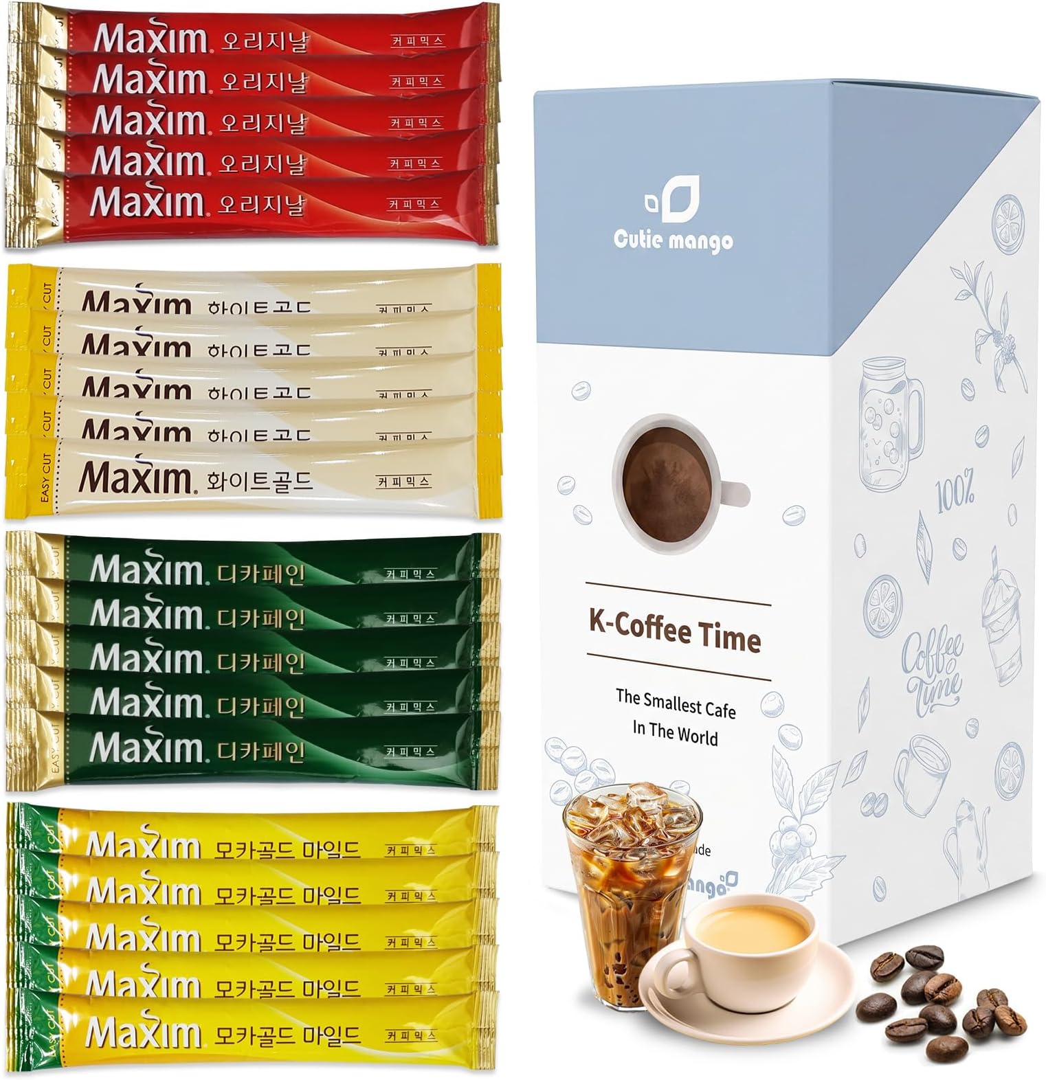 Korean Instant Coffee Mix Variety 20 Sticks (4 Types) Maxim Instant Single Serve Mocha White Decaf Original Flavors (5 Sticks Each)