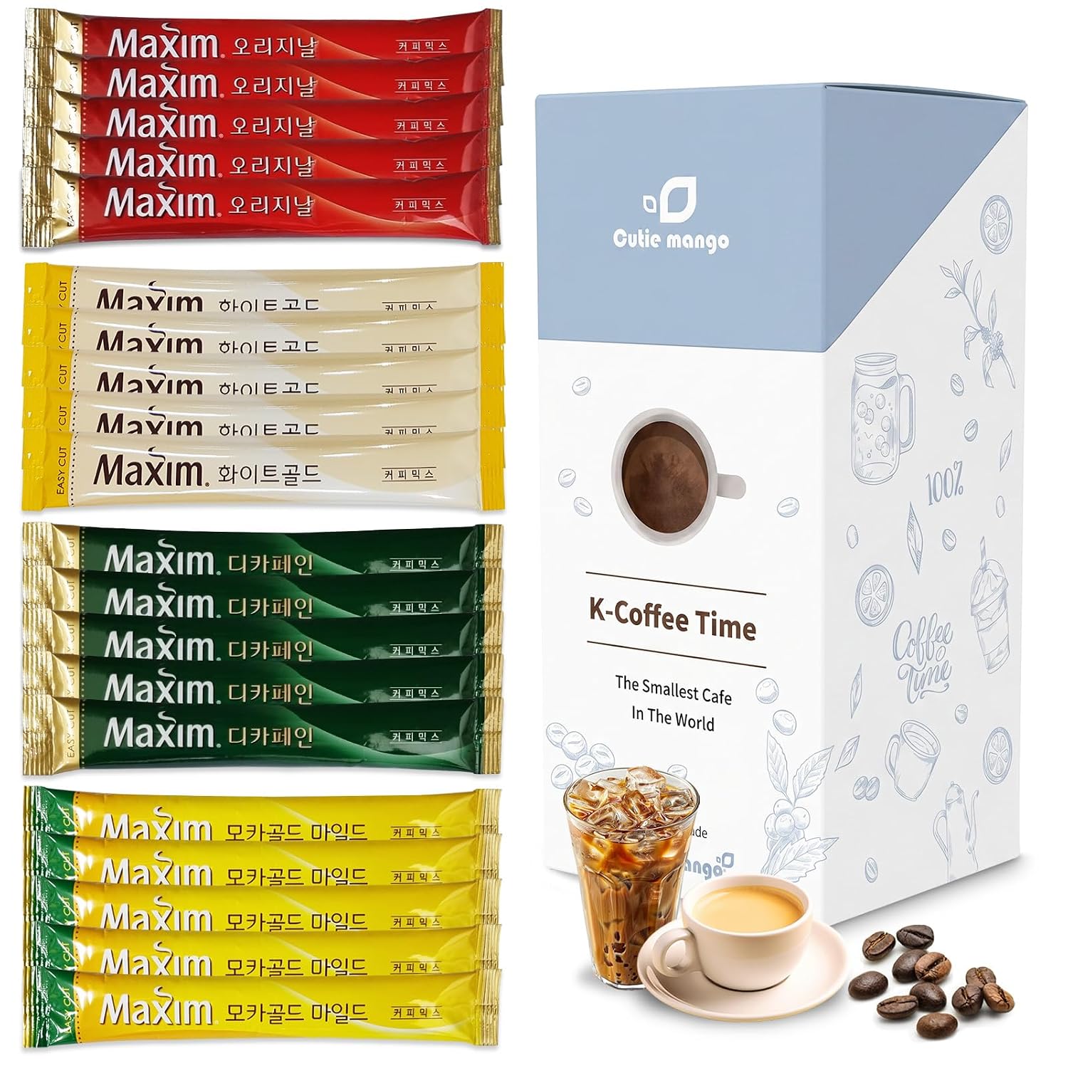 Korean Instant Coffee Mix Variety 20 Sticks (4 Types) Maxim Instant Single Serve Mocha White Decaf Original Flavors (5 Sticks Each)