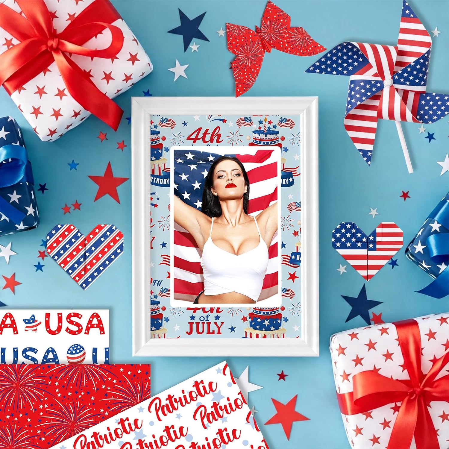 Konsait 24 Sheets Patriotic Double Sided Scrapbook Paper 12x12 Red White Blue 4th of July Pattern Paper with Stars & Stripes for Card Making, Junk Journaling, DIY Crafts and Holiday Decor