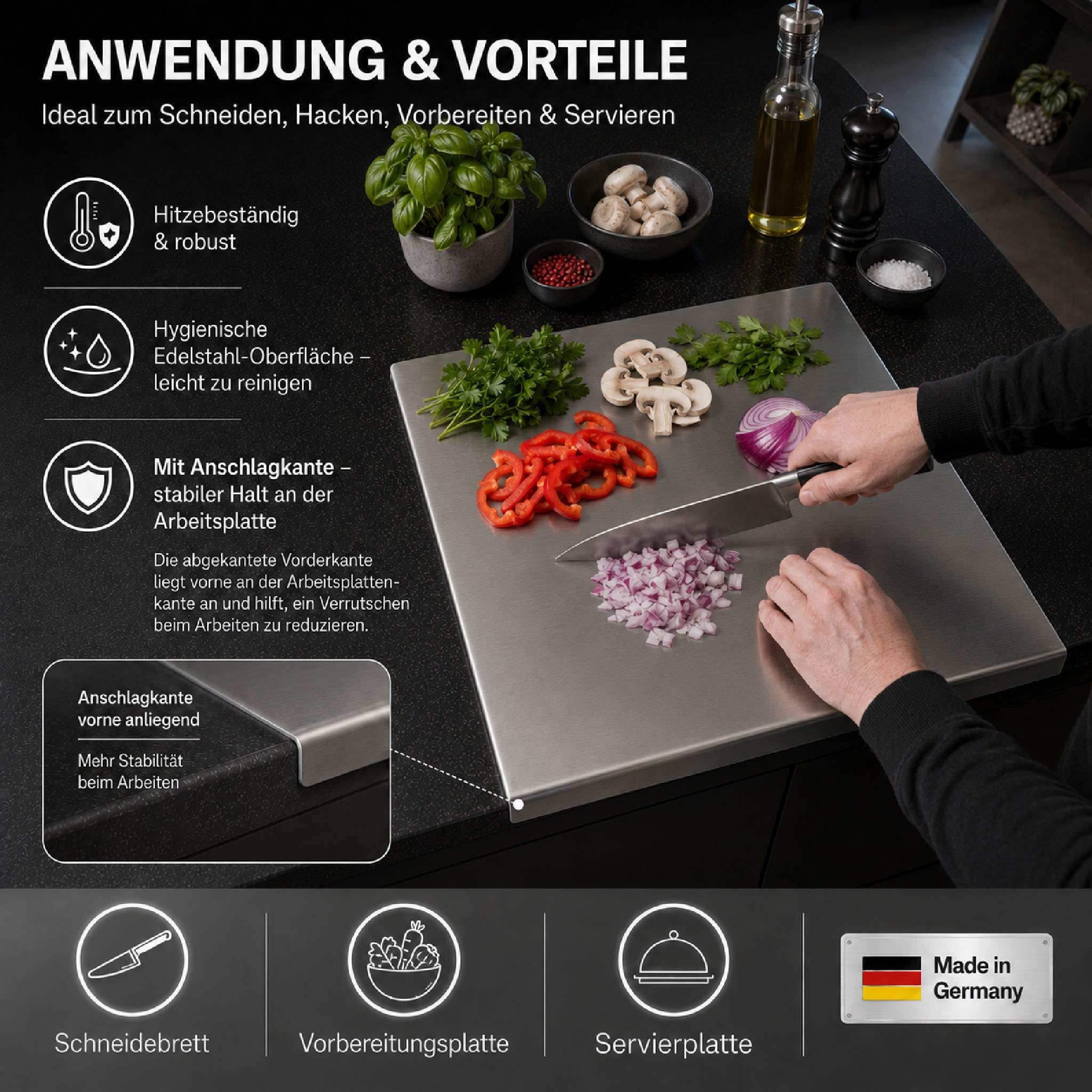 Arbeitsplatte Knetbrett Edelstahl [90x50 cm] - Für Kneten, Schneiden & Backen - Küchenplatte mit Anschlagkante - Auch als Nudelbrett, Backbrett, Teigbrett - Schneidebrett Platte Küche