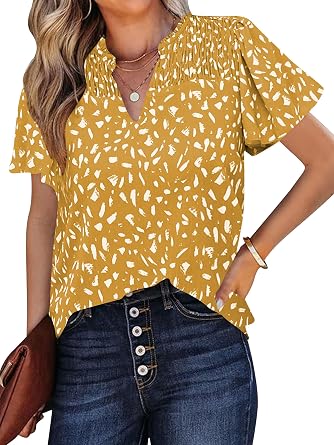 Poetsky Womens Casual V Neck Floral Print Short Sleeve Chiffon Blouses Summer Bohemian Tops Shirts