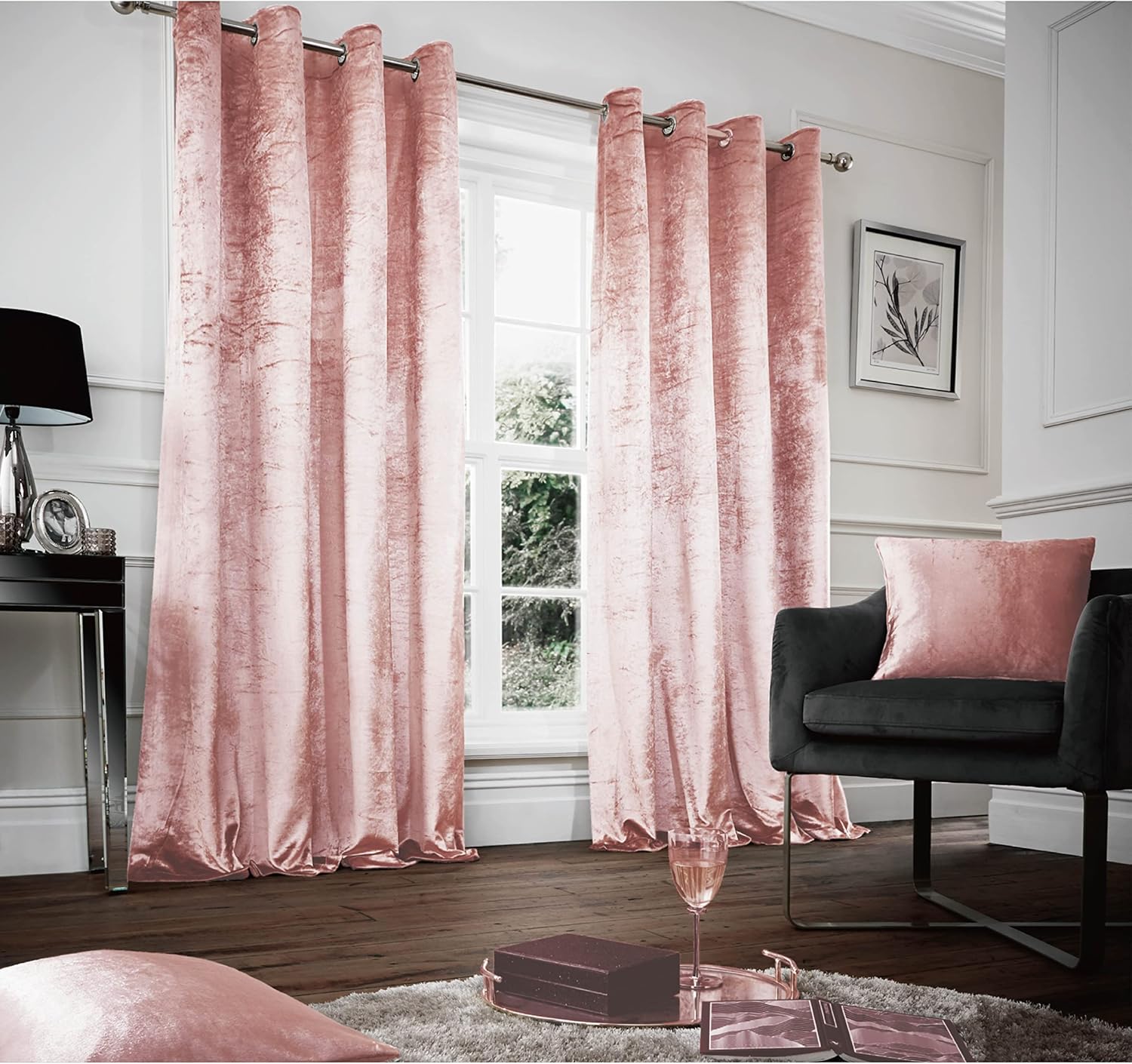 GC GAVENO CAVAILIA Crushed Velvet Eyelet Curtains Ring Top Drapery Tie Backs, Easy Care Glamorous Panels, Blush Pink, 66X72 Inch