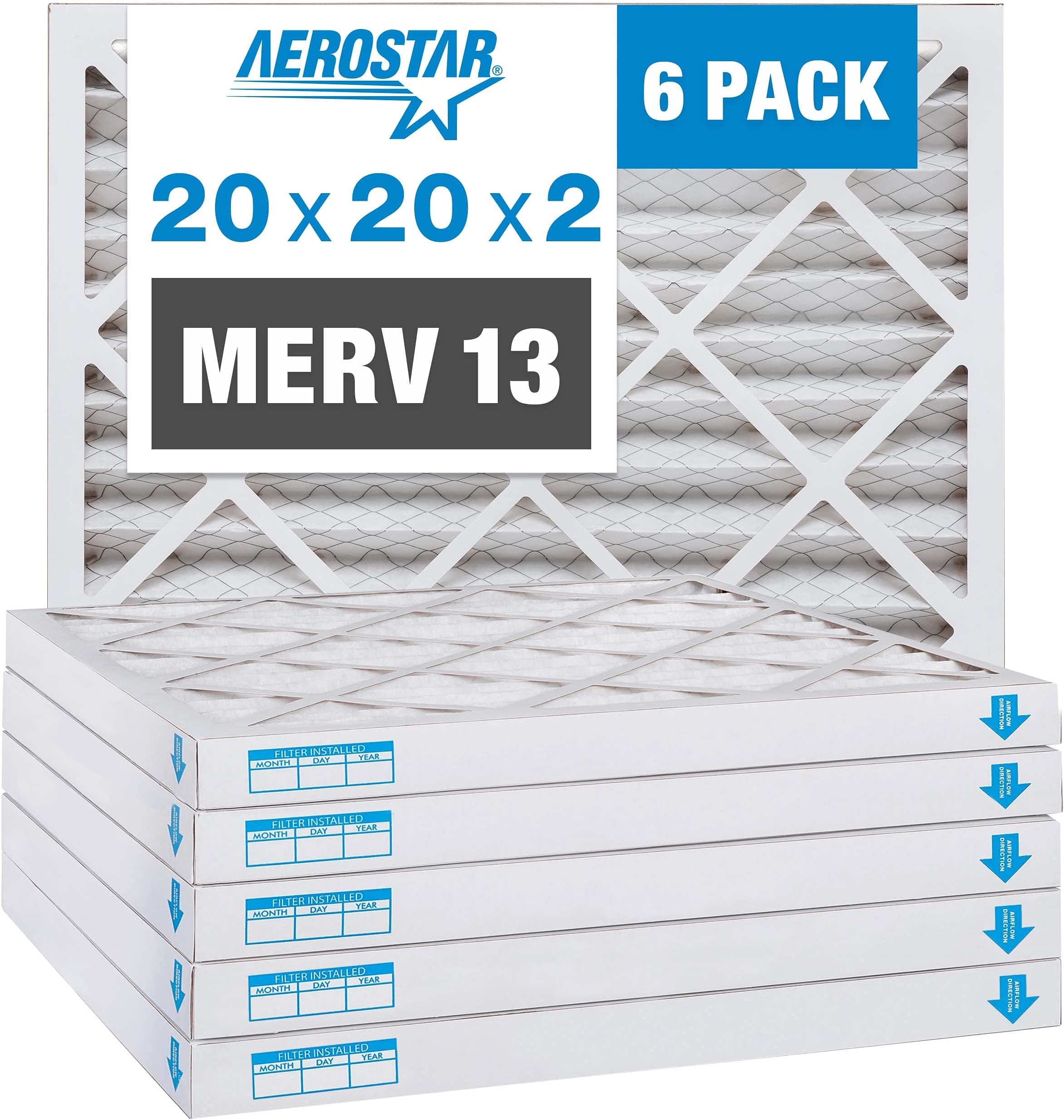 20x20x2 MERV 13 Air Filter, 6 Count, ACTUAL SIZE (19.50 x 19.50 x 1.75), HVAC, Air Conditioning & Furnace Filter for Allergies, Dust, Pet Dander & Smoke (MPR 1500 / FPR 10), Made in USA