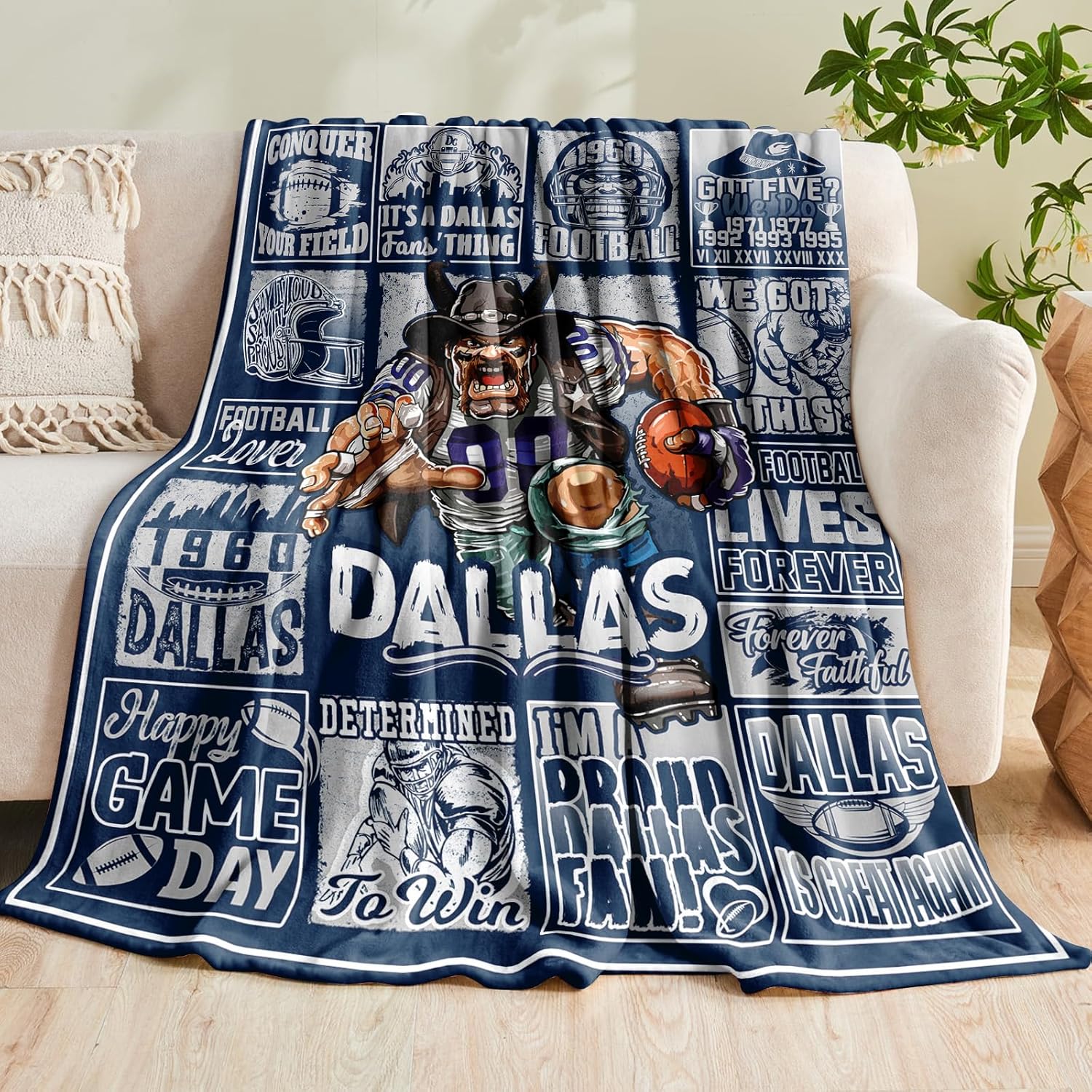 Football Gifts, Football Fans Throw Blanket for Men Women Boys, Blue Team Color Flannel Blanket, Football Style Blanket Sofa Bed Couch 60"x50"
