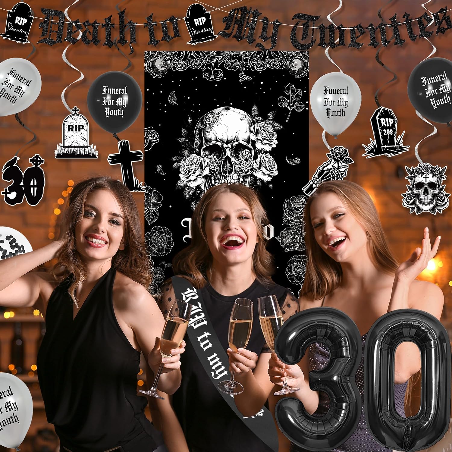 Vlipoeasn Gothic 30th Birthday Decorations Death to My 20s for Her or Him | Death to My Twenties Door Banner, Glitter Banner, Sash, Cake Topper & Balloons, Dirty 30 Years Old Birthday Party Supplies