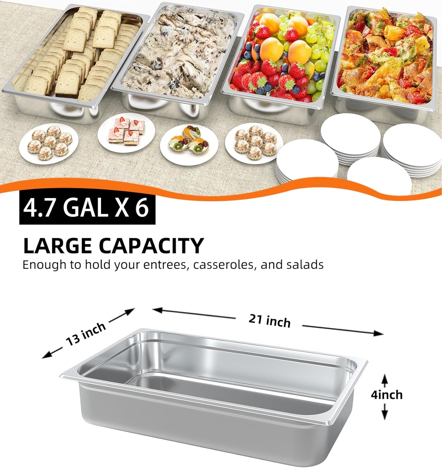 Full Size Steam Table Pans with Lid, 6-Pack 3 Inch Deep Restaurant Steam Table Pans Commercial, Anti-Jamming Hotel Pan Stainless Steel