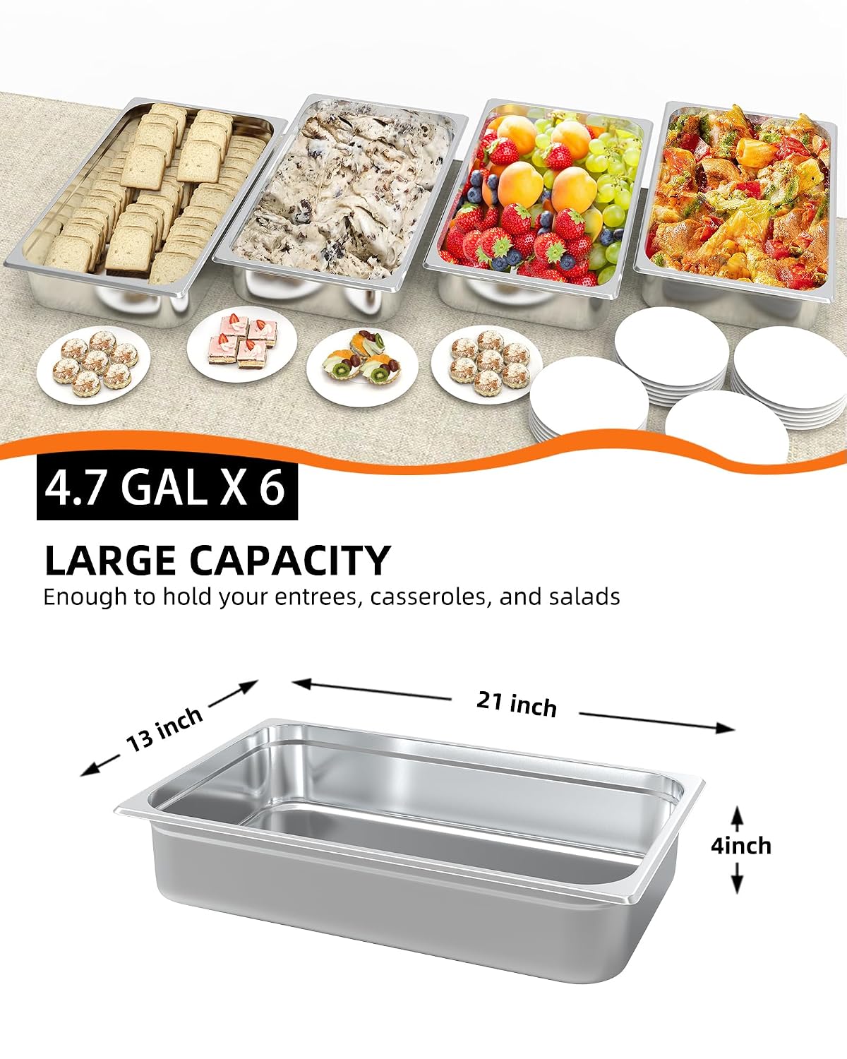 6 Pack Hotel Pans,4" Deep Full Size Steam Table Pans,Full Size Food Pan,Half Size Hotel Pans[NSF Certified],Catering Food Pan Commercial Stainless Steel,No Handle + No Lid
