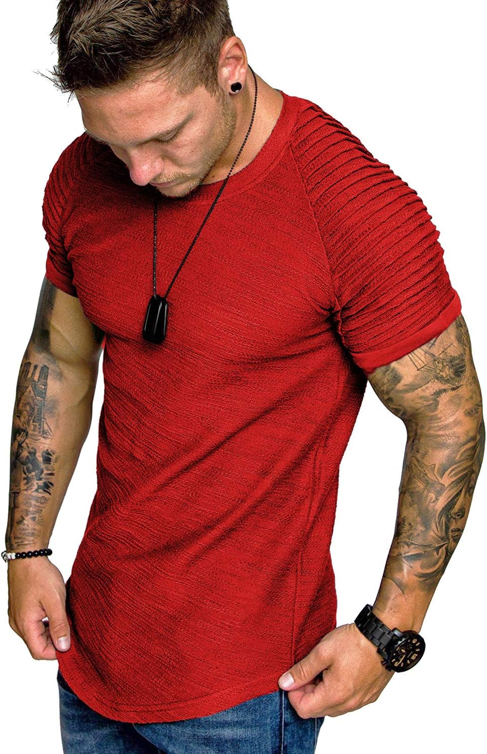 Men's Muscle T-Shirt Pleated Raglan Sleeve Bodybuilding Gym Tee Short Sleeve Fashion Workout Shirts Hipster Shirt