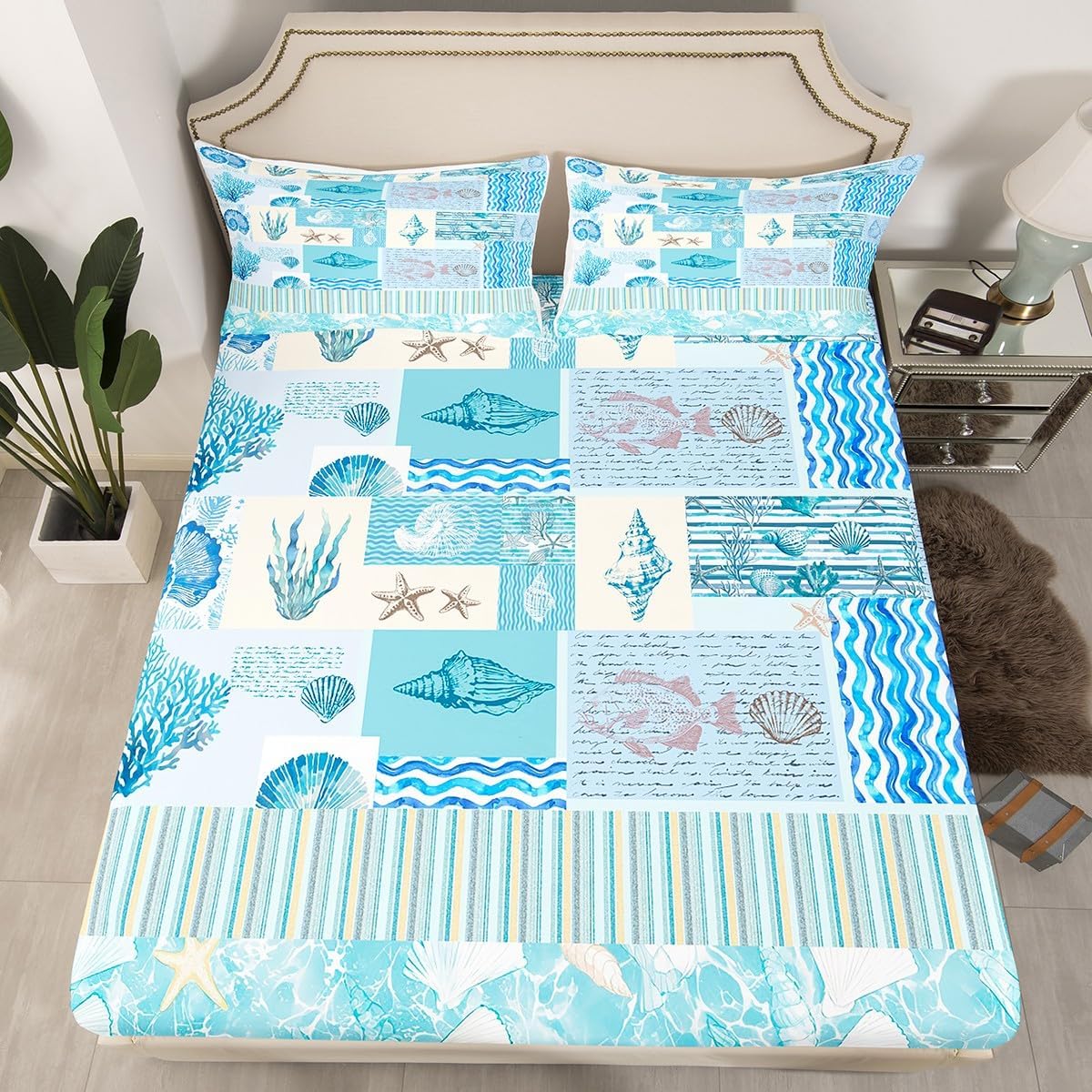 Coastal Fitted Sheet Twin Size (No Flat),Sketch Shell Coral Print Bedding Sets 2Pcs,Kids Girls Boys Room Decor,Blue Stripe Plaid Bed Cover Ocean Beach Deep Pocket Sheet,1 Pillowcase
