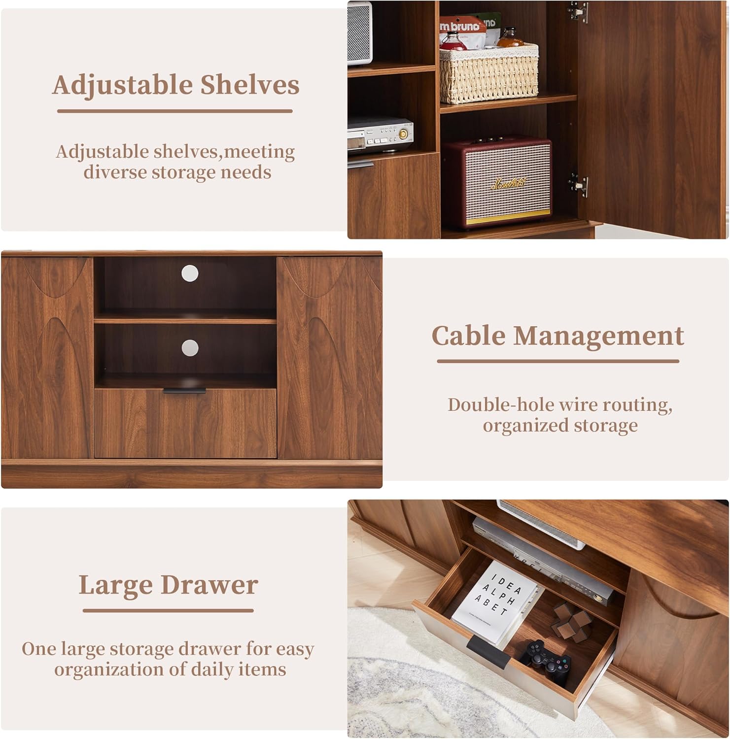 Bifins Corner TV Stand for TVs up to 65 inch, 58" Modern Entertainment Center with Storage Doors and Adjustable Shelves, Media Console with Drawer and Cable Management for Living Room (Walnut)