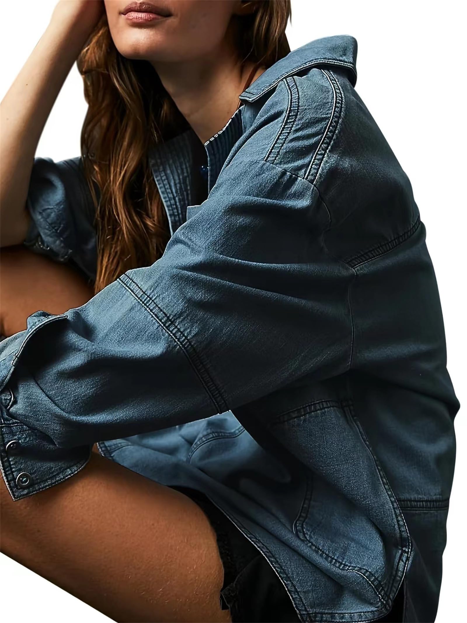 Camisa Vaquera Mujer Oversize Cuello V Manga Larga Blusa Denim Holgada con Bolsillos Casual