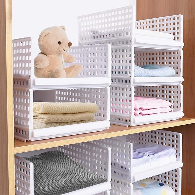 Set of 4 Stackable Wardrobe Storage Box Organizer, Plastic White Wardrobe Shelves Closet Organiser Box, Pull Out Like a Drawer, Suitable for Home, Bedroom, Kitchen