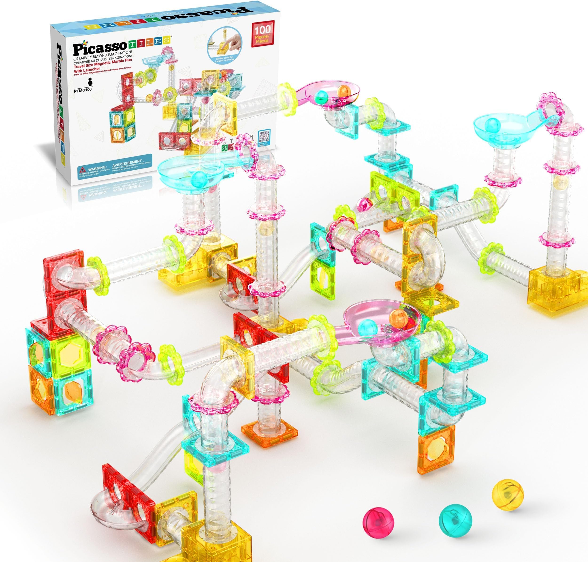PicassoTiles 100 Piece Magnetic Marble Run Travel Size Sensory Toddlers Construction Toy Set Mini Diamond Magnet Tiles Marbles for Kids Race Track Building Blocks STEM Learning Kit Boy Girl 3+ PTMG100