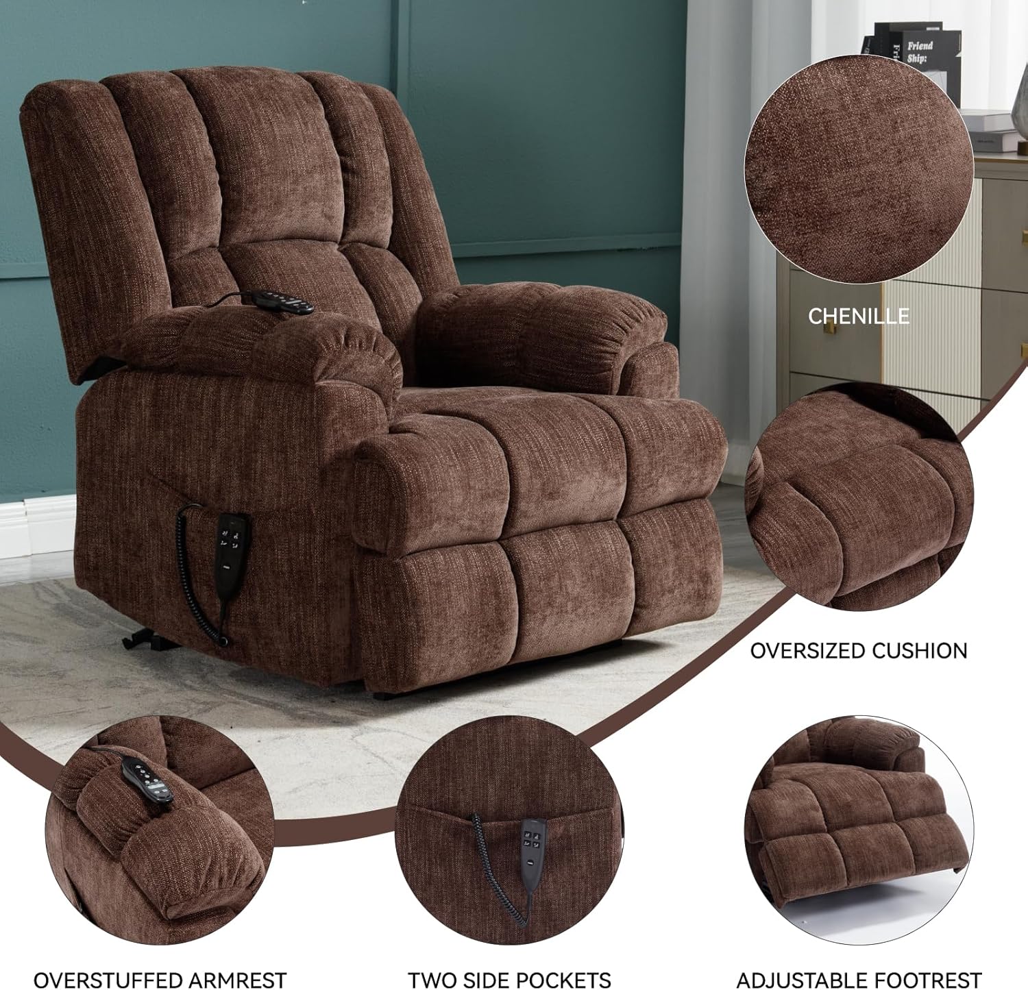 Trustyue Dual Motor Power Lift Recliner Chair with Lay Flat, Full-Body Vibration & Lumbar Heating - Lift Assist Chair for Elderly, Electric Recliner with Massage and Heat, Easy Assembly Brown