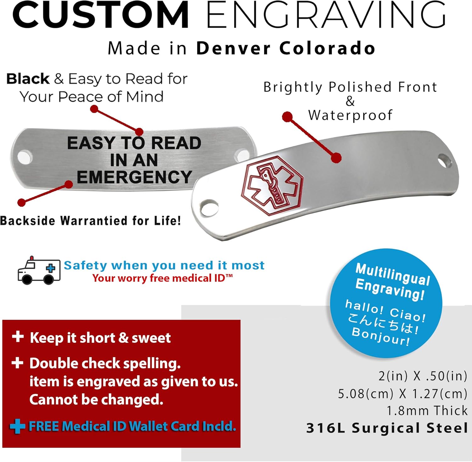Medical Alert Bracelet Stainless Steel with Free Custom Engraving and ID Card, Curb Chain - Red - Made in USA - Wrist Size 6.5 Inch