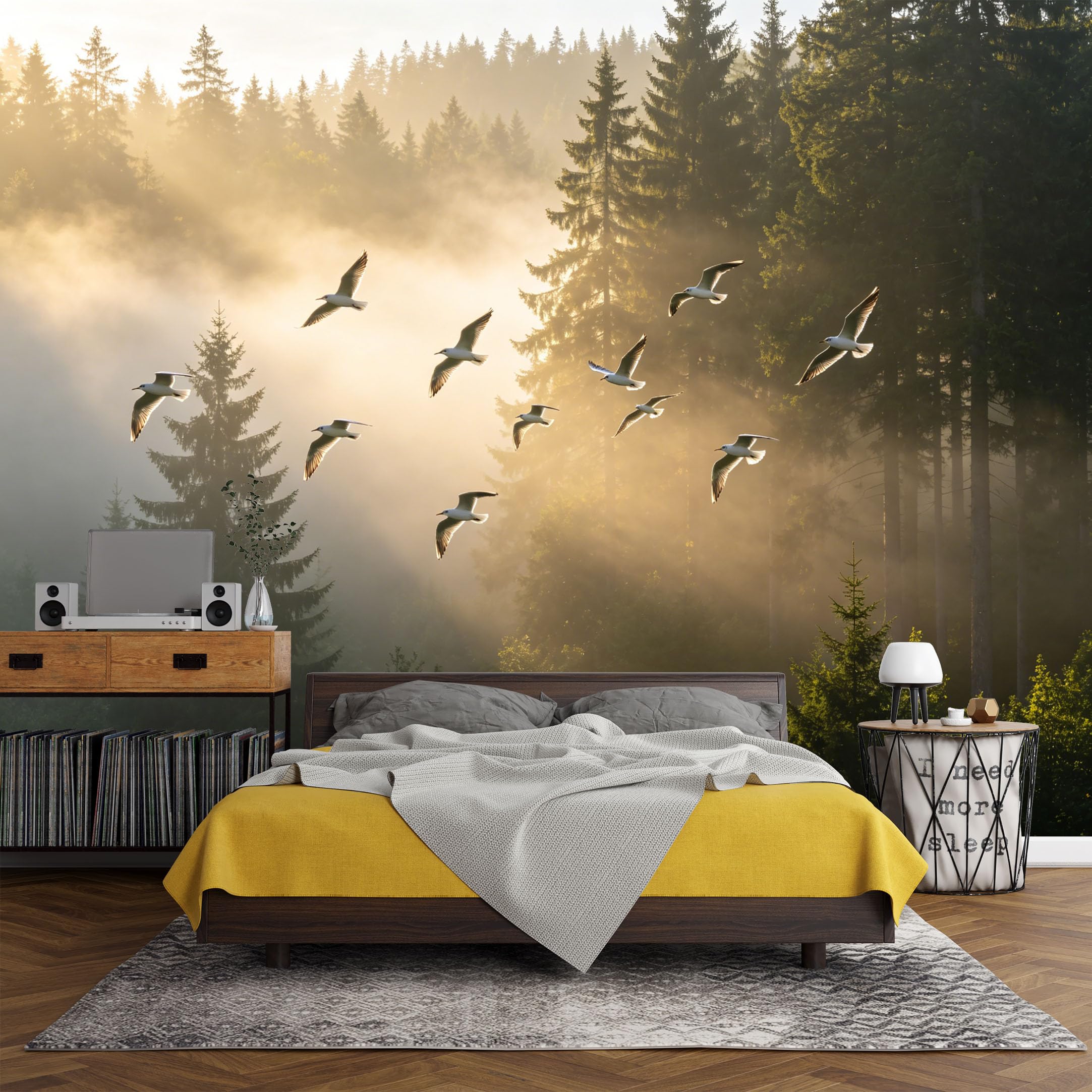 Custom Size Wall Mural， Forest Morning Mist Birds Landscape Nature Scenery，SelfAdhesive Art Prints wall Fabric (No PVC) Removable Wallpaper Living Room Decor