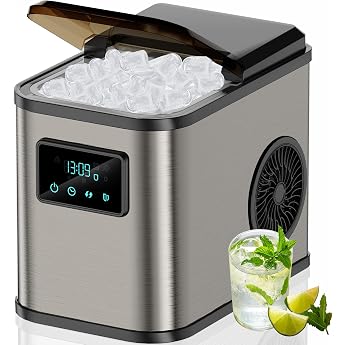 KeeGone Stainless Steel Ice Cube Machine with LED Display, Ice Maker and Cleaning Function, 2 L Water Tank Including Ice Scoo