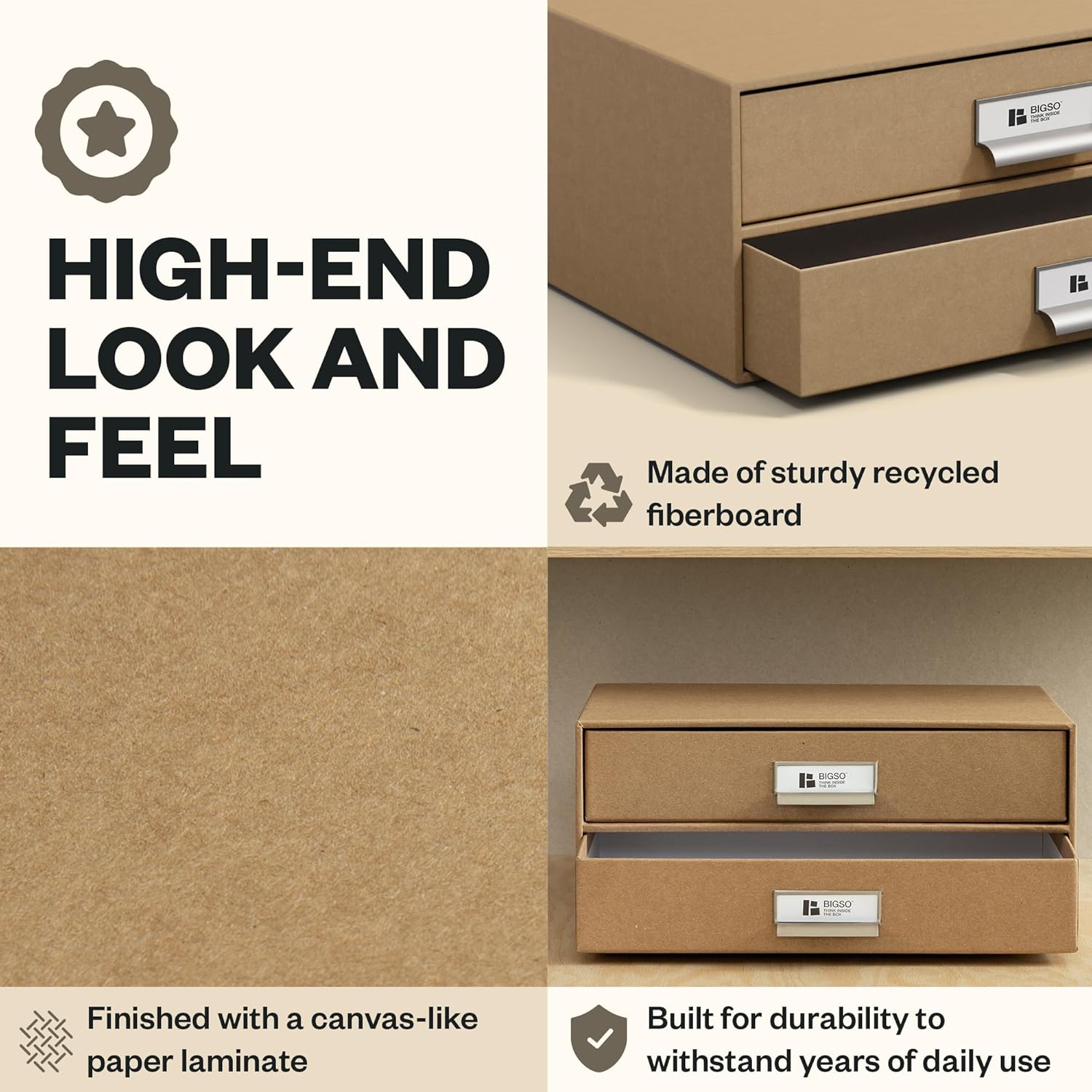 Bigso Birger 2-Drawer Fiberboard Document Letter Box - Paper Storage Drawers for A4 and Letter Sized Documents - Desktop Drawers with Label Holder - W 13.1 x D 10 x H 5.7 (inches) - Kraft