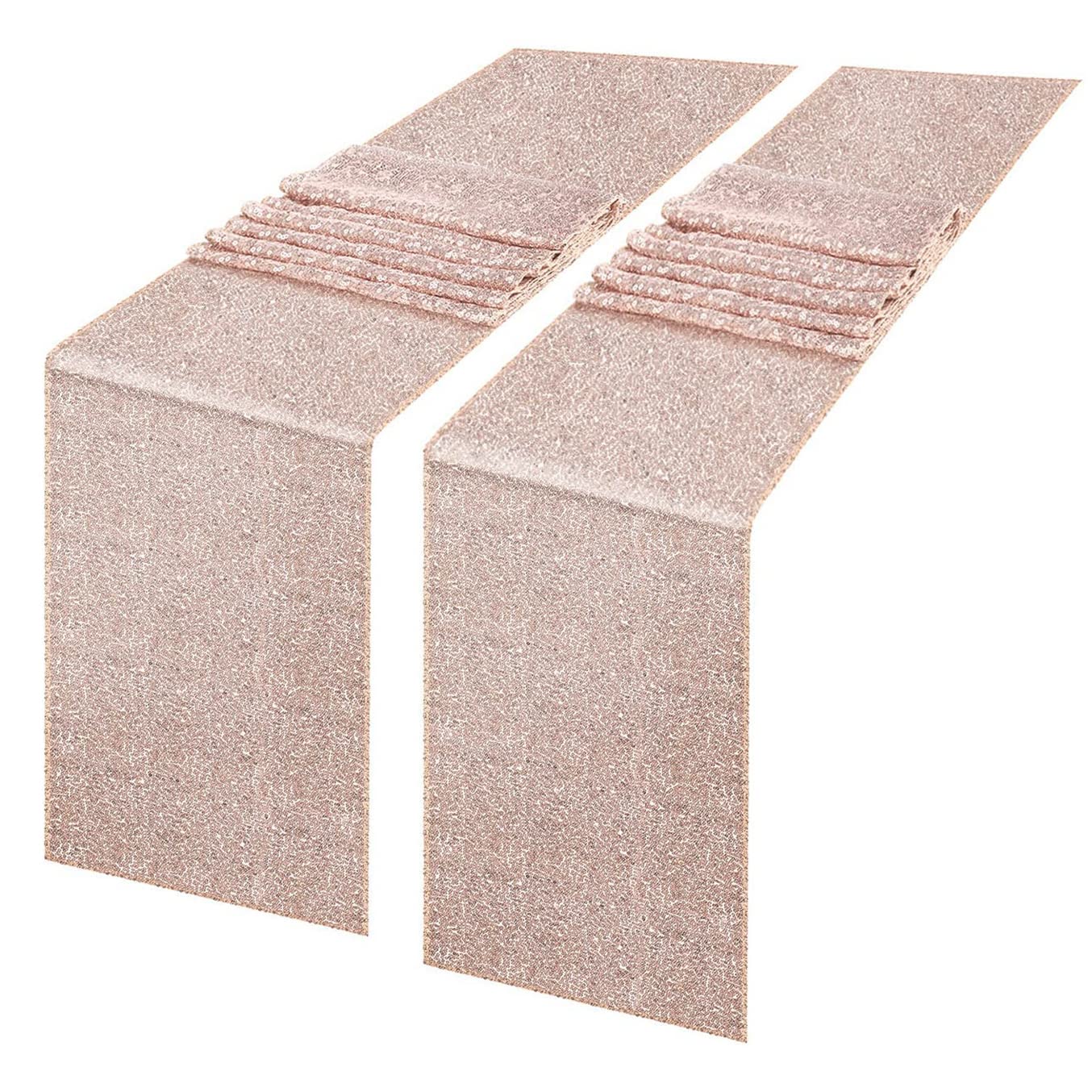 MENGQ Rose Gold Table Runner 12"x108" Pack of 2 Sequin Table Runner Party Decor Glitter Table Linens Runner Sparkly Dinner Party Supplies Fabric for Baby Shower Holiday Celebrations
