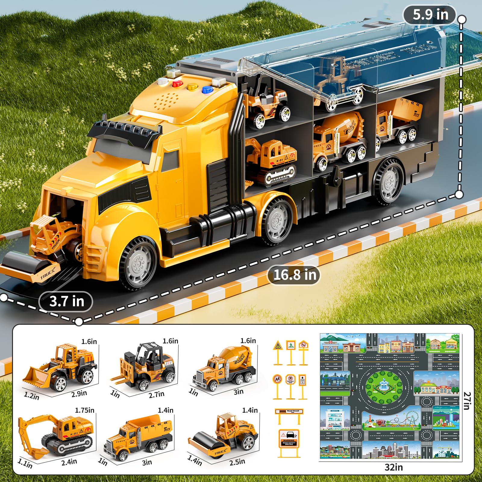 Construction Trucks Toy Set with Play Mat, Carrier Truck Play Vehicles Set for 3 4 5 6 Years Old Boys Kids, Die-Cast Car Toy for Toddlers 3-4 Years, Birthday Gifts Toys for 3-9 Year Old Boys