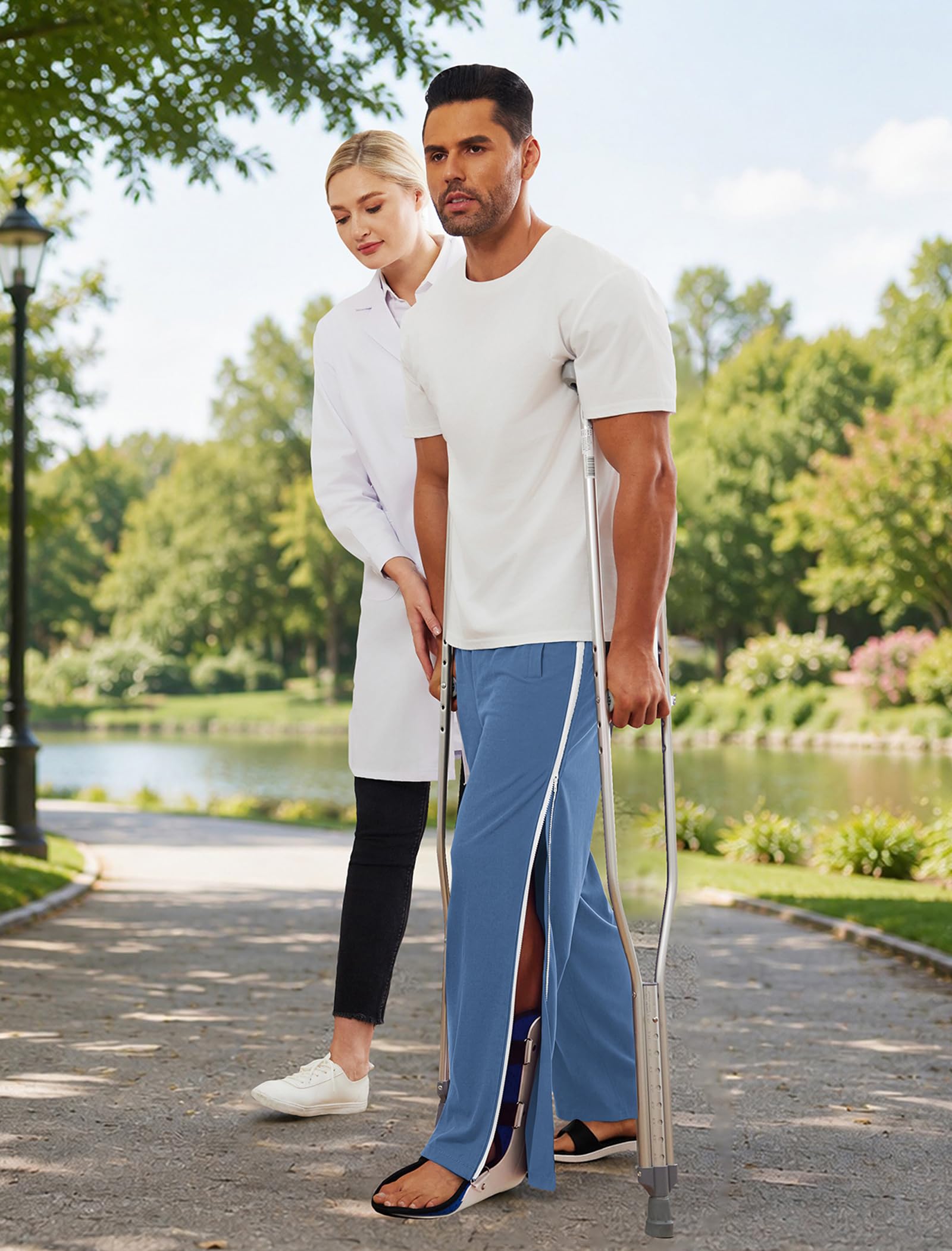 Deyeek Mens Tear Away Basketball Pants Side Zippers Snap Full Open Bottom Breakaway Sweatpants with Zipper Legs Post Surgery Pant Blue Gray
